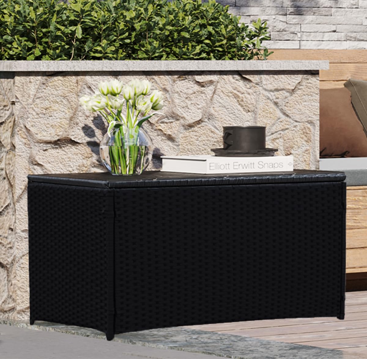 70 Gallon Outdoor Wicker Storage Box with Waterproof Liner - PE Rattan Patio Deck Box with Hinged Lid for Cushions, Pillows & Towels - Weatherproof Horizontal Storage Bin for Backyard, Poolside & Garden (Black)