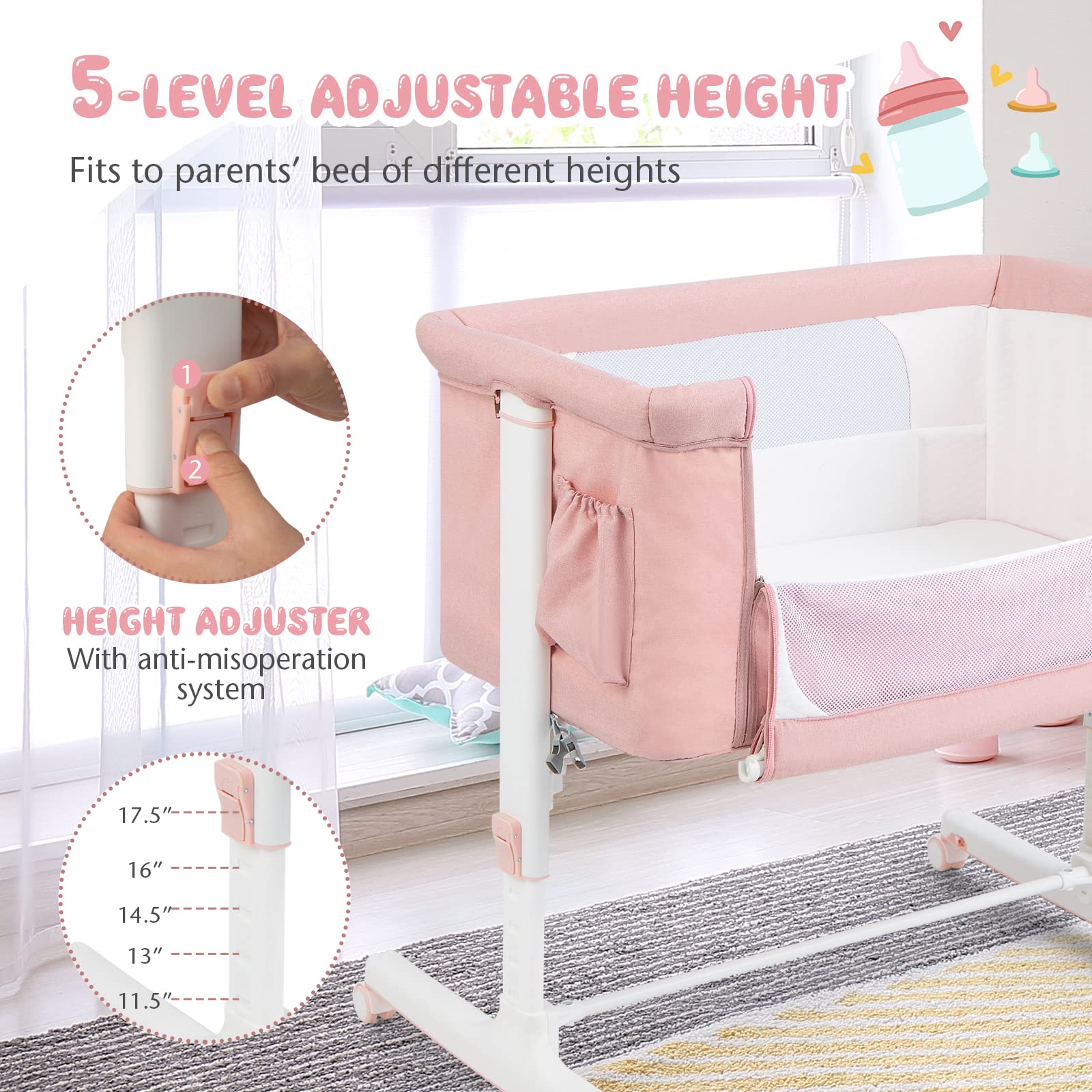 BABY JOY 3-in-1 Adjustable Height Folding Baby Bassinet Bedside Sleeper with Mattress, Lockable Wheels, Storage Pocket & Carry Bag - Portable Crib for Newborn Infants - Nursery, Bedroom & Travel Use (Pink)