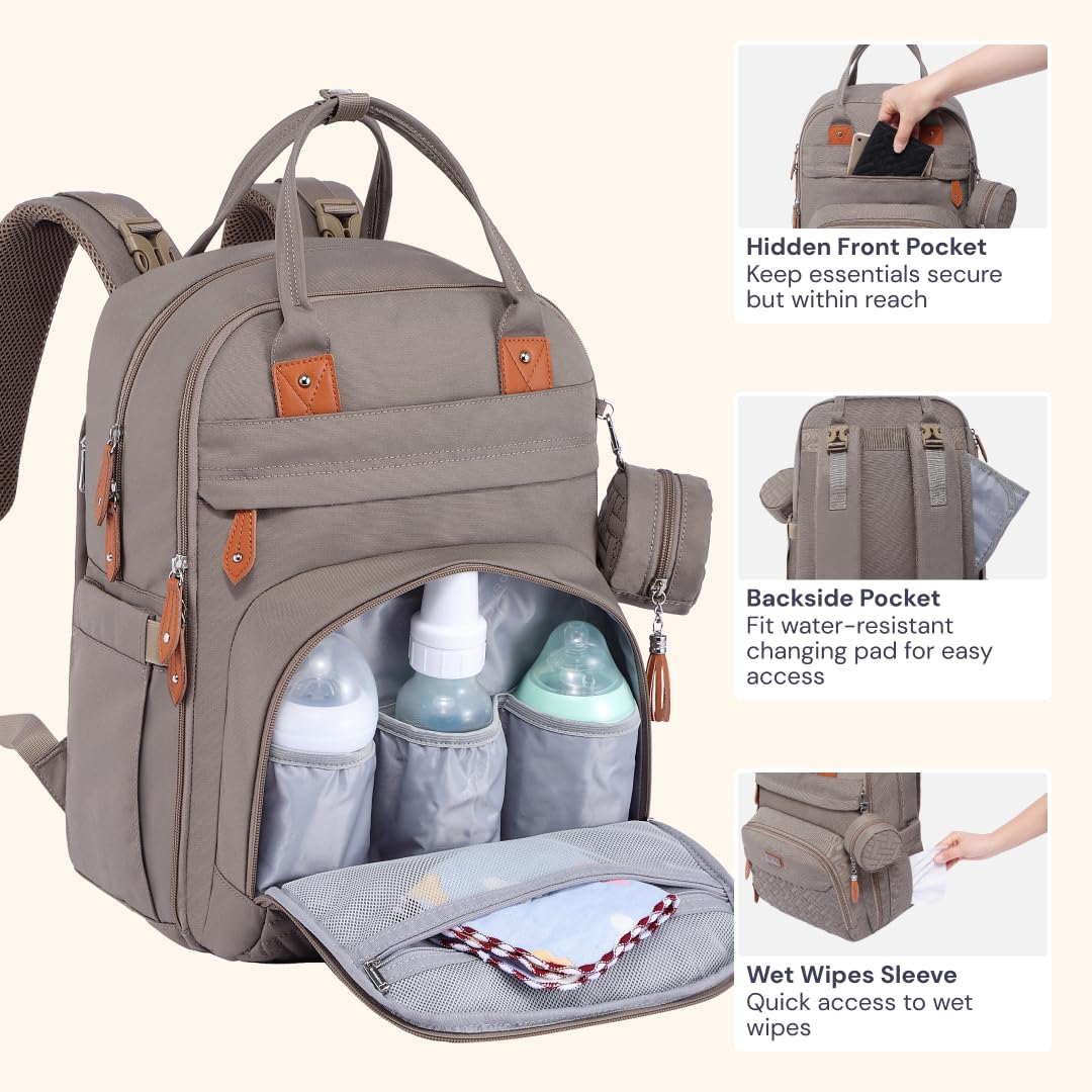 BabbleRoo Waterproof Diaper Backpack - Multifunctional Baby Travel Bag with Changing Pad, Stroller Straps & Pacifier Case - Unisex Khaki Diaper Tote for Parents - Perfect for Daycare, Travel & On-the-Go Parenting