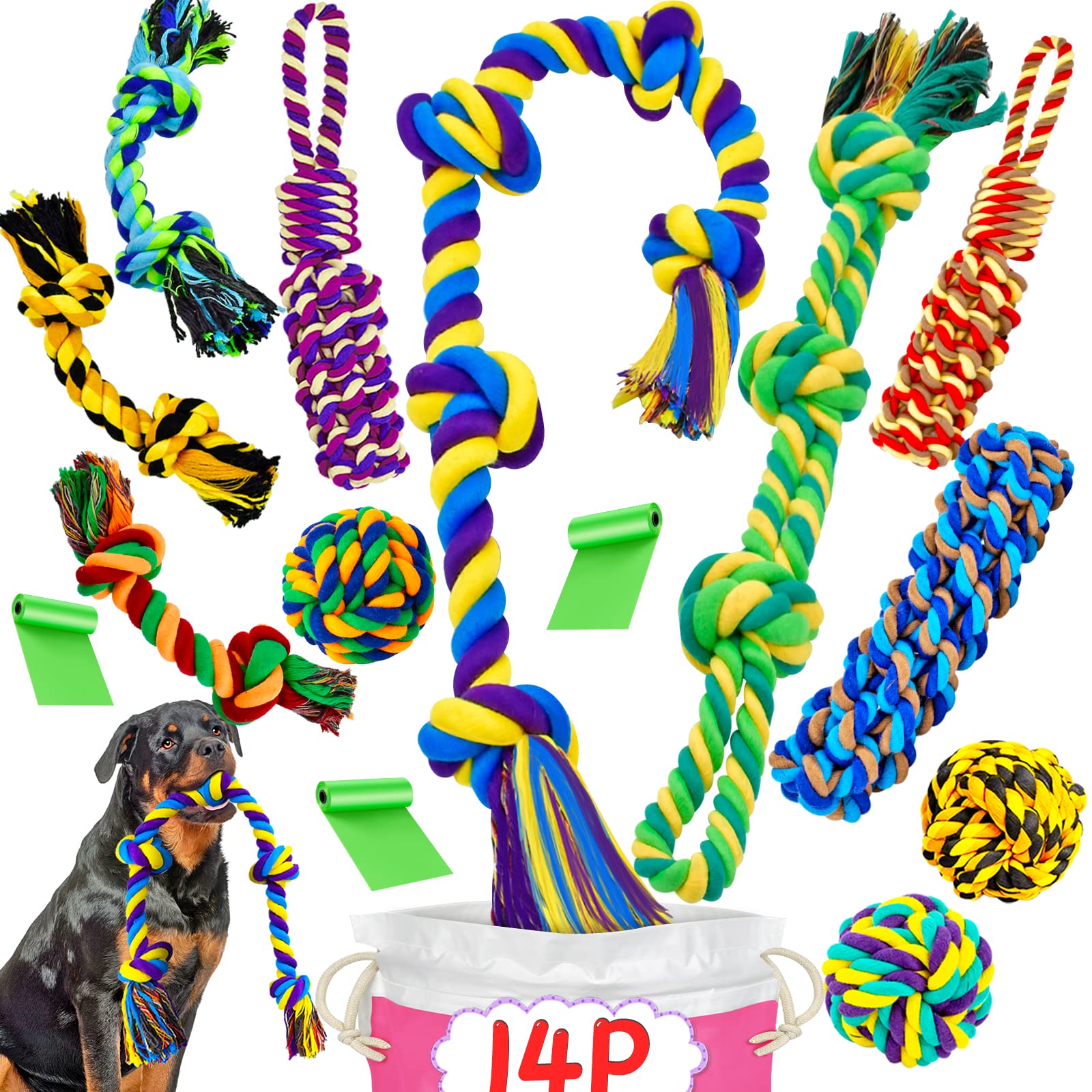 SHARLOVY XL Indestructible Dog Chew Toys - 14 Pack Tough Chewing Toys for Aggressive Chewers & Large Breed Dogs | Durable Puppy Teething Toys with Heavy Duty Cotton Rope | Perfect for Training, Boredom Relief & Dental Health