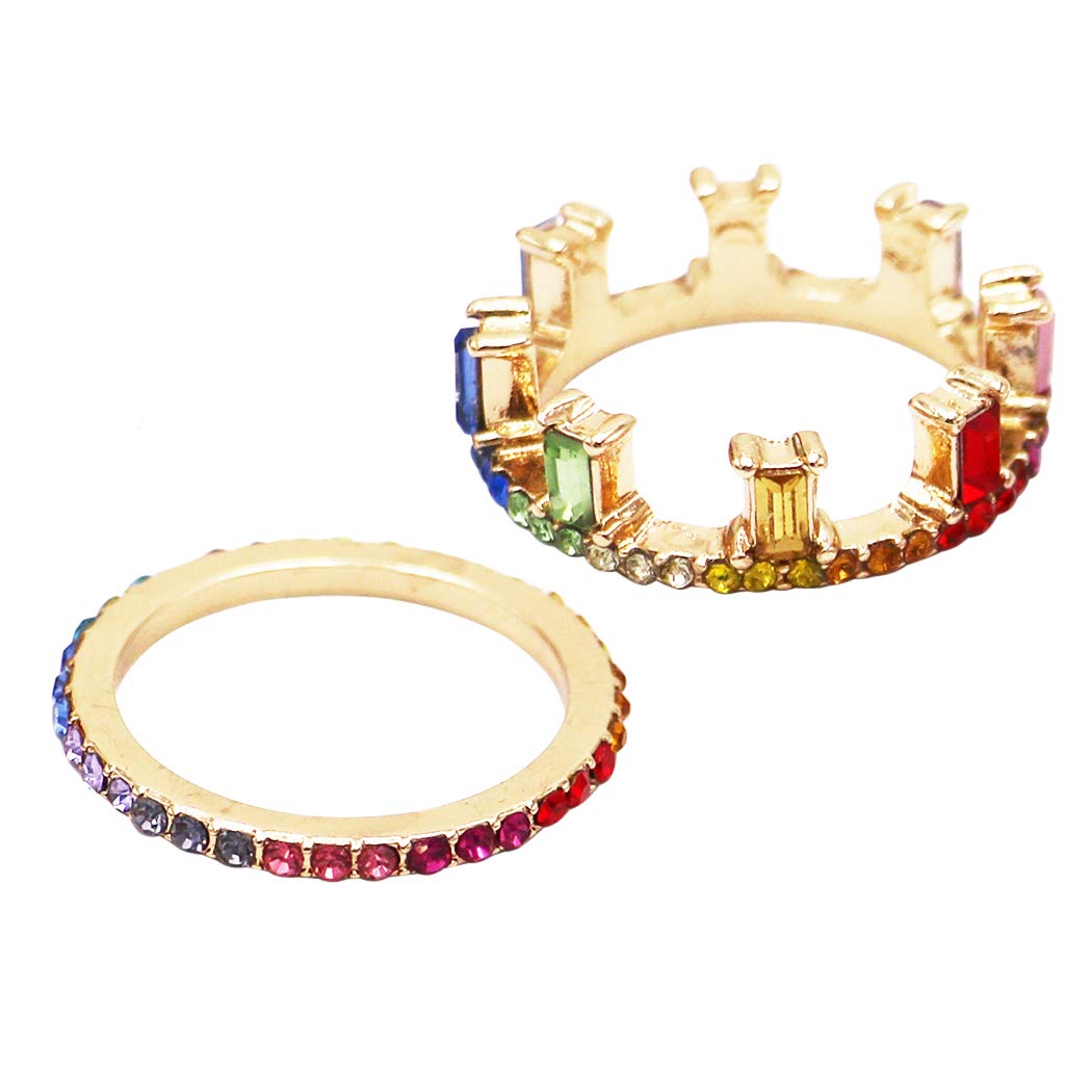 Rainbow Crystal Crown Stacking Rings Set for Women - Elegant Gift for Parties & Weddings