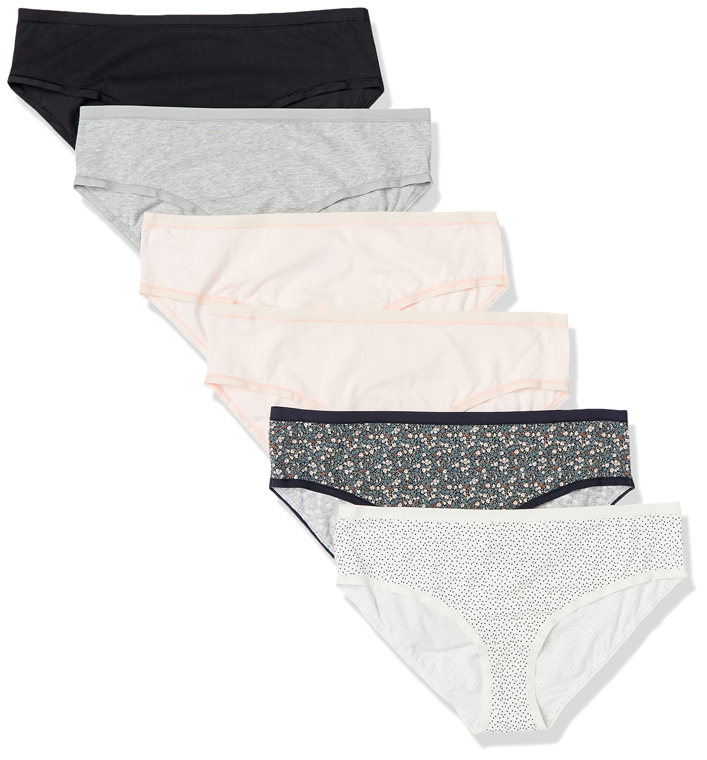 Amazon Essentials Women's Cotton Hipster Underwear 6-Pack - Soft Breathable Panties for Everyday Comfort - Perfect for Work, Yoga & Lounge Wear