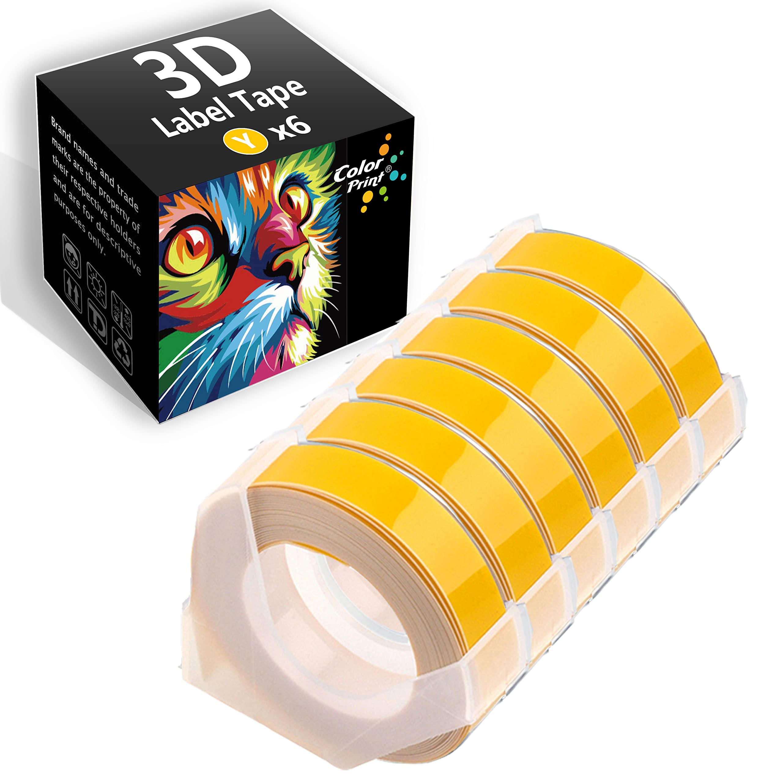 6-Pack Yellow Colorprint Compatible Label Tape for Dymo 3D Embossing Label Maker - Works with Organizer Xpress Pro, Motex, Omega Home, Junior Embosser & Office-Mate II - Perfect for Home, Office Organization & Craft Labeling