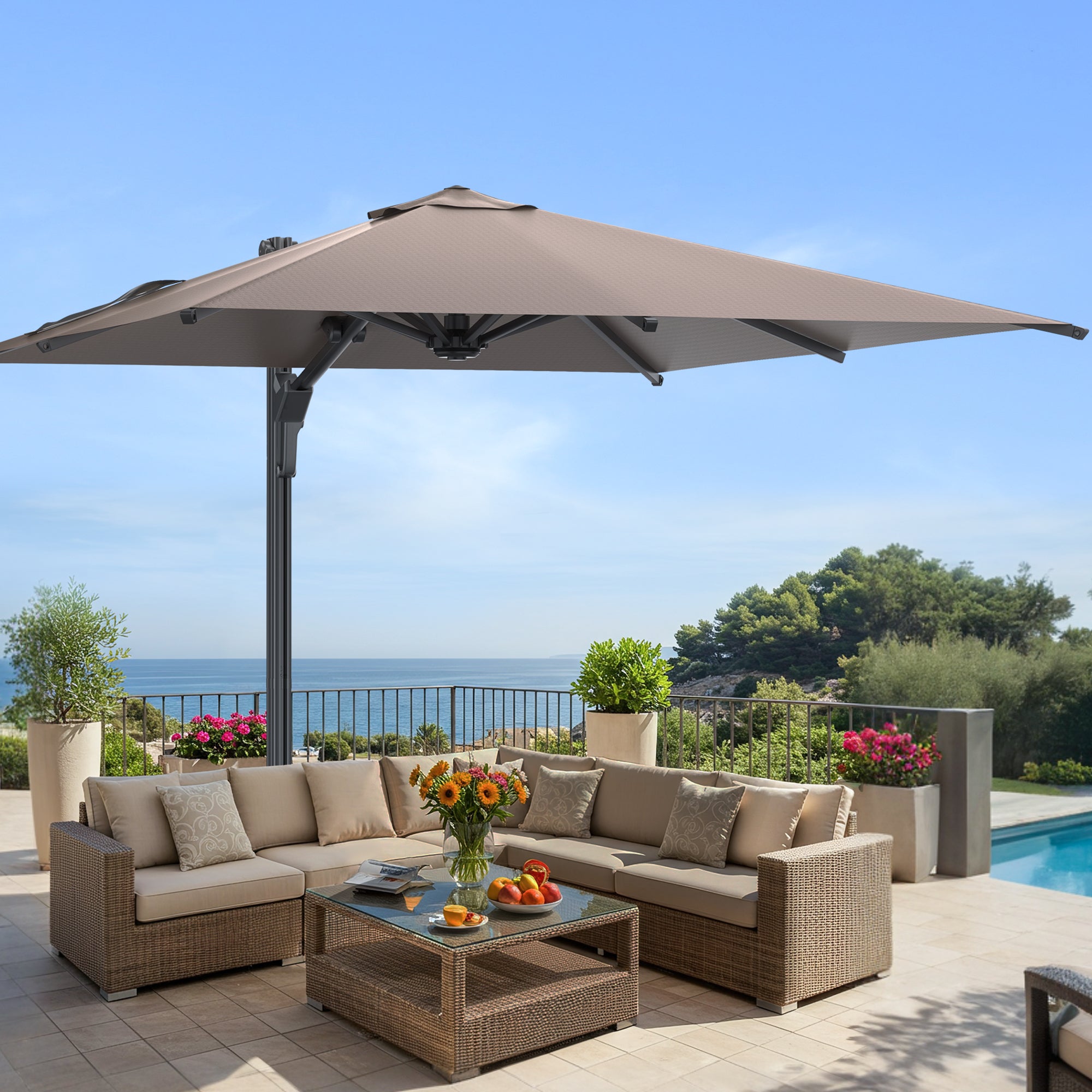 EROMMY 10X10 FT Automatic Outdoor Umbrella - Patio, Garden, Backyard Shade Canopy (Brown) | Perfect for Poolside, Picnics & Outdoor Dining