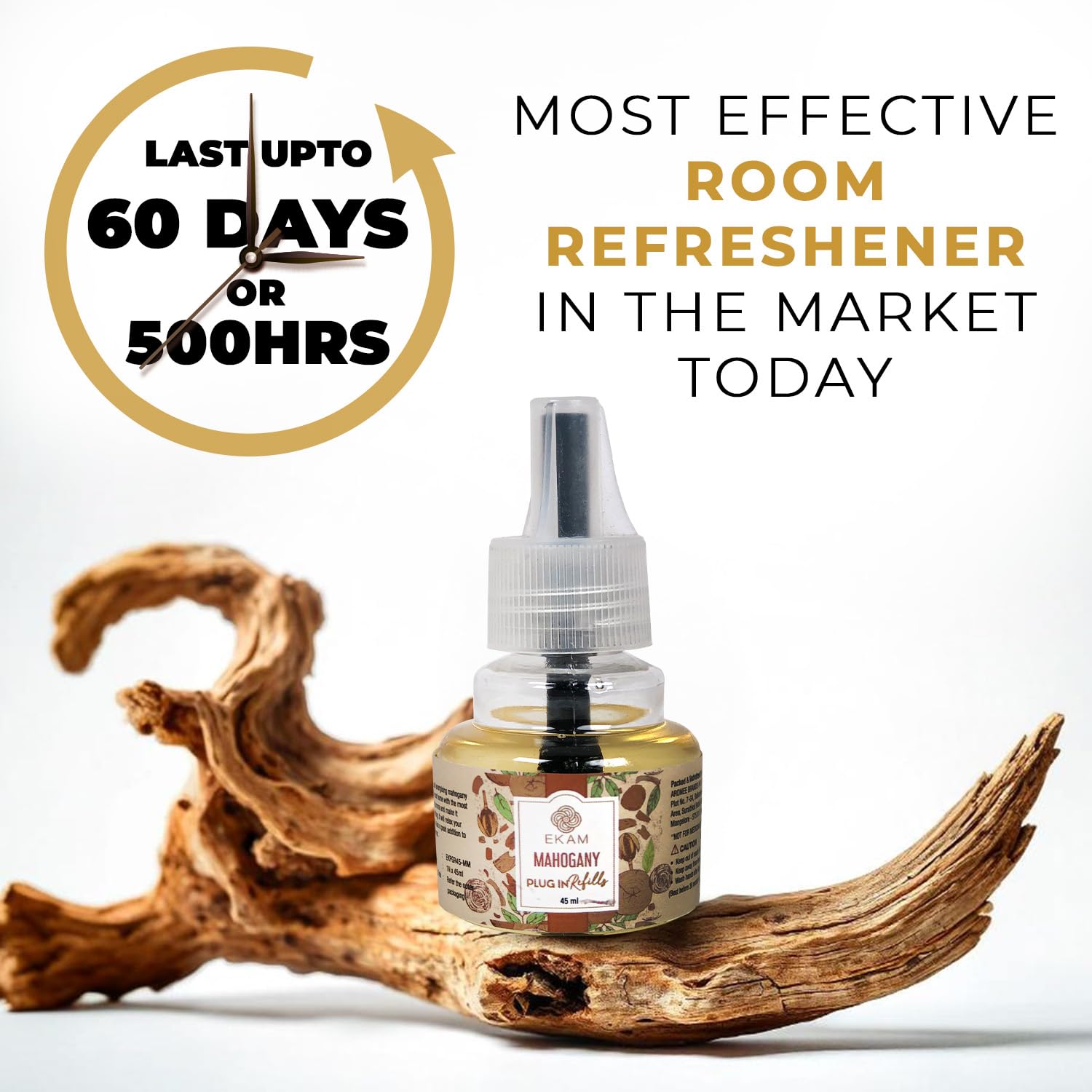 EKAM Plug In Air Freshener Refill - 45ml Mahogany Scent | Long-Lasting 500 Hours Freshness | Hassle-Free Room Odor Eliminator | Perfect for Home, Office, Bedroom, Bathroom & Car | Essential Oil-Based Liquid Air Freshener for Everyday Freshness