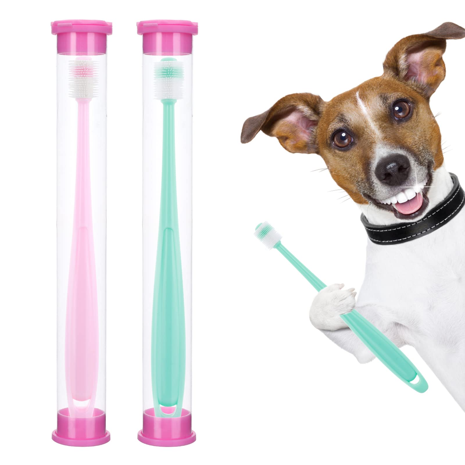 360 Degree Dog Toothbrush & Cat Toothbrush Set - 2 Pack Silicone Handle Pet Dental Care Kit with Storage Box (Pink & Blue) for Puppy & Adult Dog Teeth Cleaning at Home