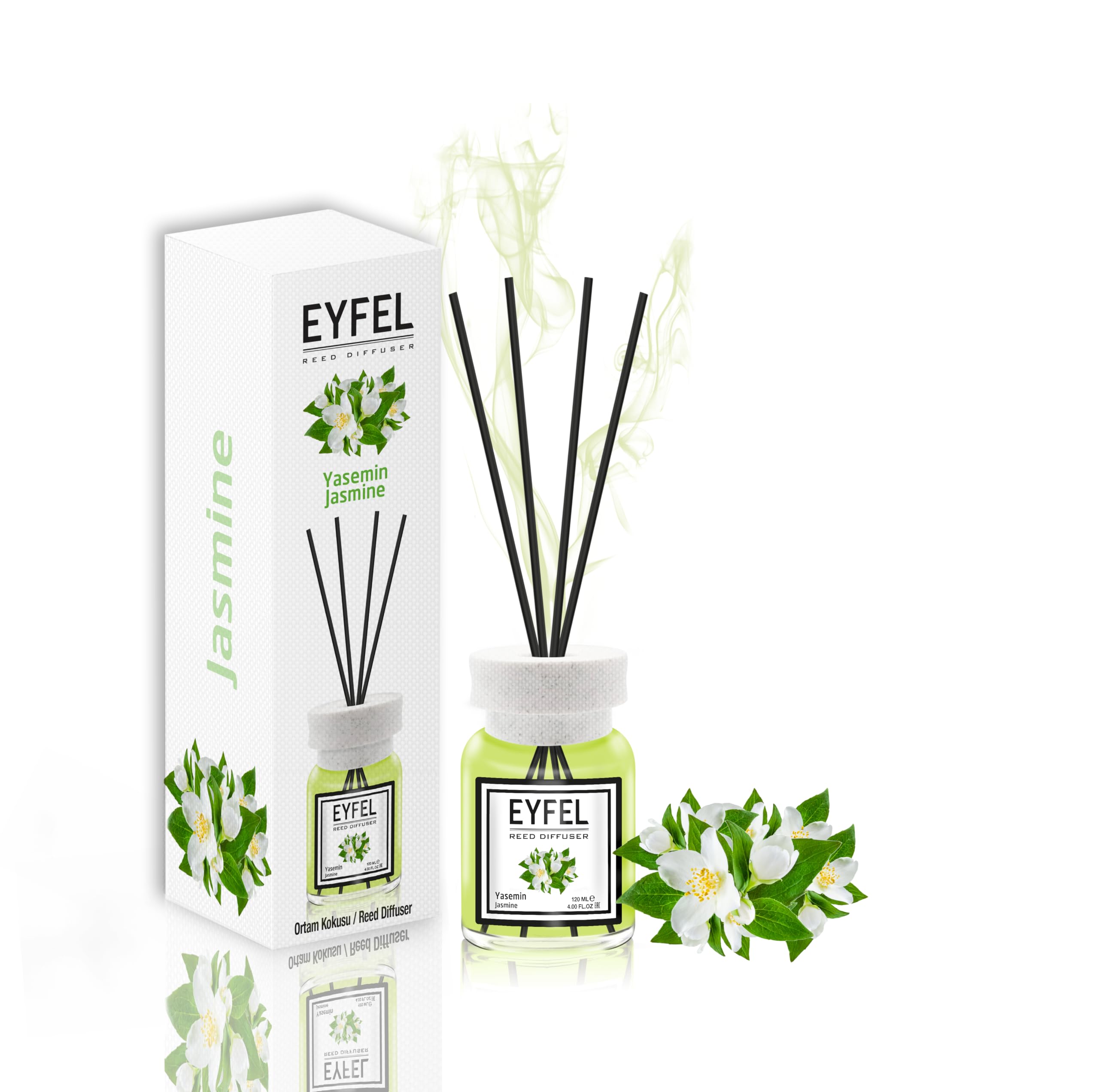 EYFEL Jasmine Reed Diffuser Set - 4.05 fl oz Aromatherapy Oil Diffuser with Natural Rattan Sticks for Home, Bathroom & Office | Long-Lasting Fragrance for Relaxation & Décor