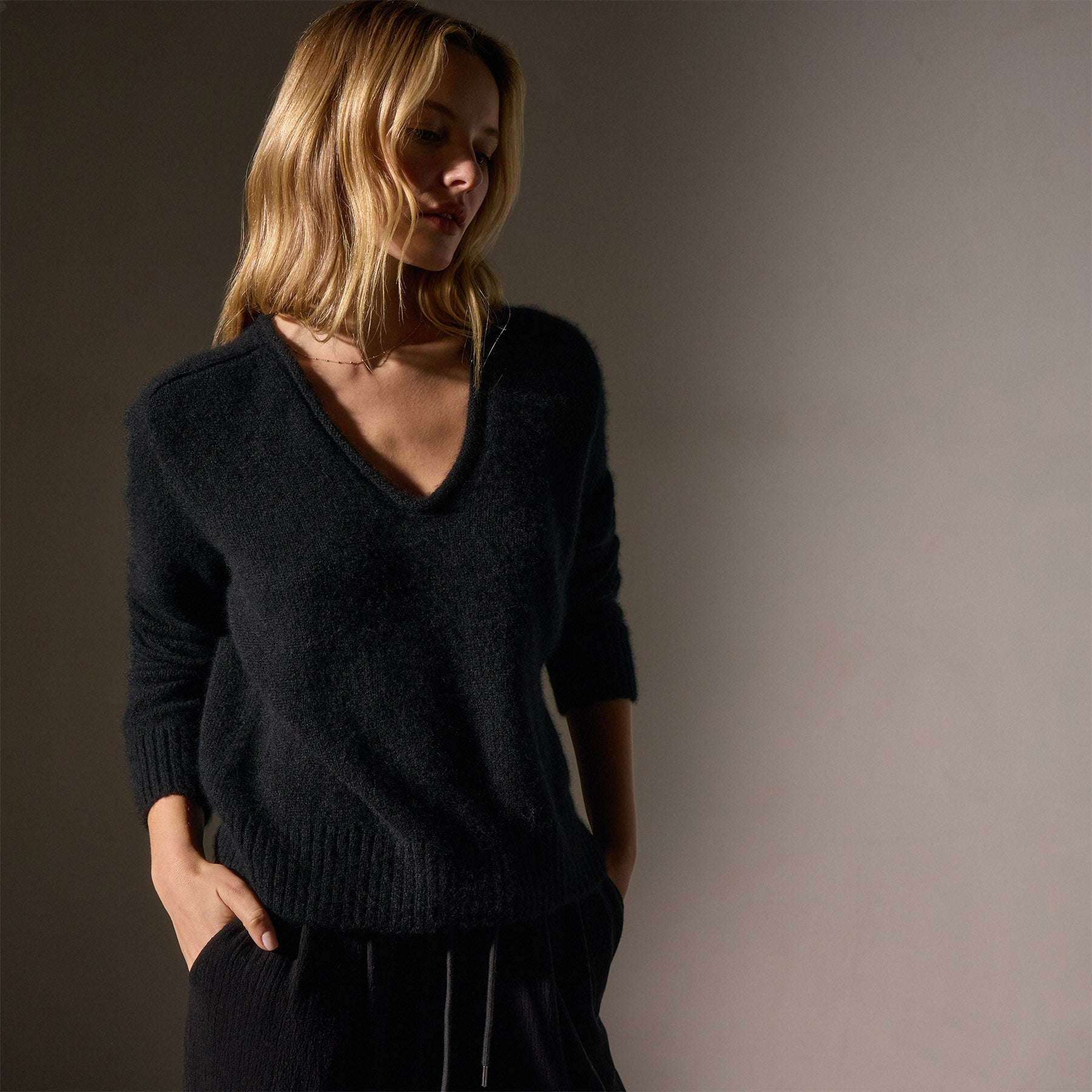 Luxury Cashmere Soft V-Neck Sweater for Women - True Black - Perfect for Office, Date Night & Winter Layering