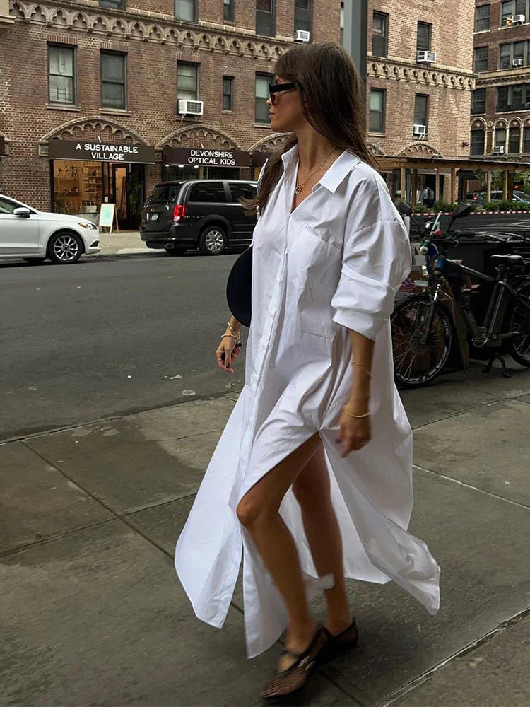 Elegant White Split Long Sleeve Maxi Dress for Women - Lapel Single Breasted Casual Chic Lady Dress, Perfect for Office Wear, Evening Parties and High Street Fashion