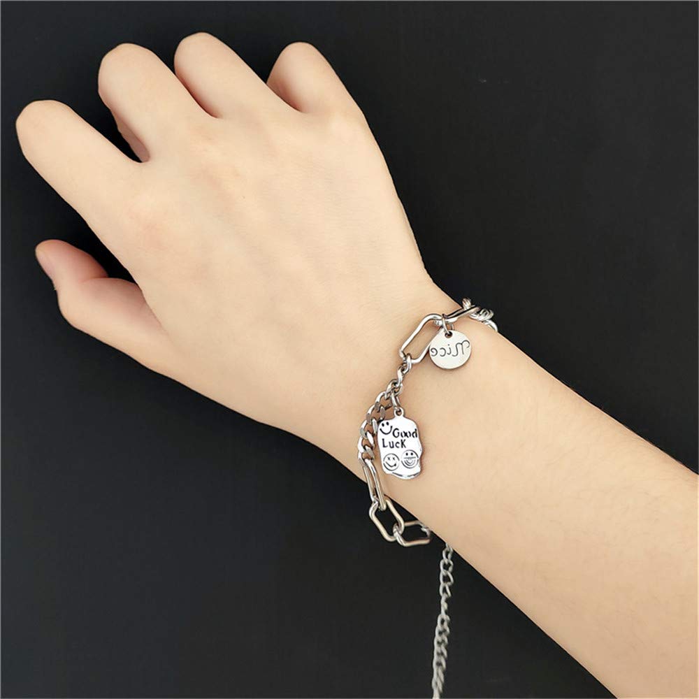 Stylish Silver Paperclip Bracelets for Women - Adjustable Stainless Steel Cuban Link Chain with Engravable Good Luck Charms & Smiley Face Pendants - Perfect Gift for Mom, Friends & Everyday Wear (Office, Party, Casual Outfits)