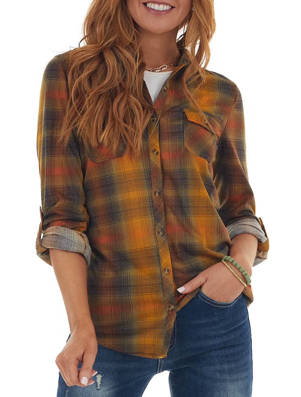 NUOREEL Women's Classic Plaid Button Down Shirt - Long Sleeve Roll-Up Cuff Casual Top for Office, Outdoors & Layering