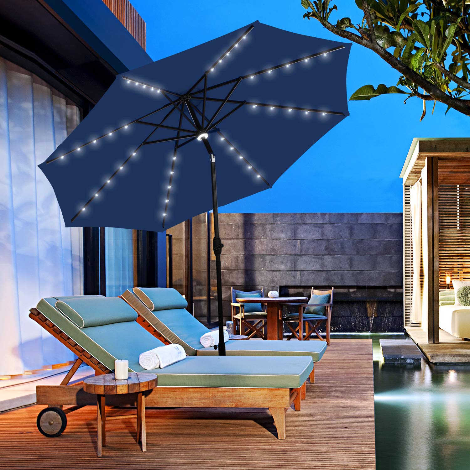 10 FT Outdoor Patio Umbrella with LED Lights - Tilt & Crank Market Umbrella with 8 Sturdy Ribs for Garden, Poolside, Restaurant, and Backyard Dining