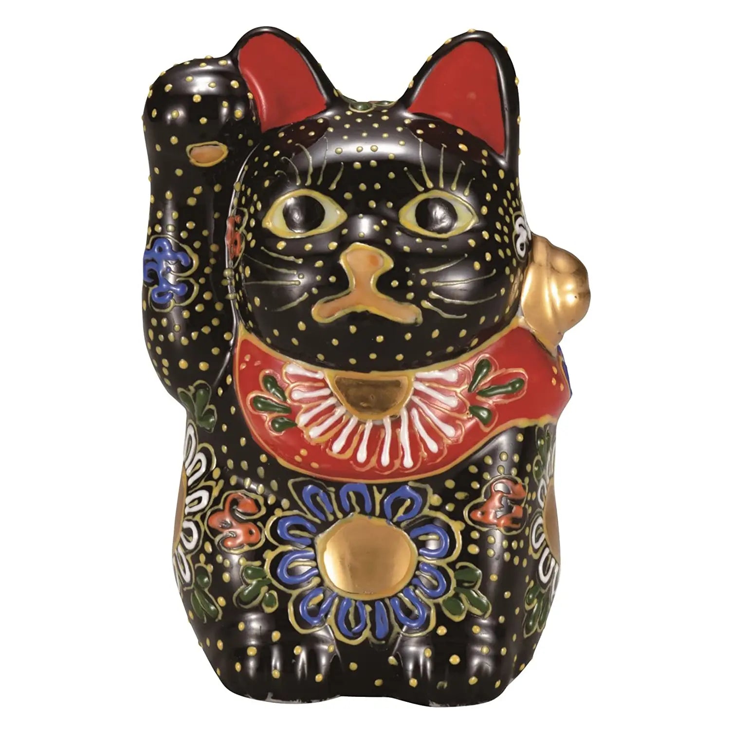 Authentic Japanese Kutani Ware Porcelain Maneki Neko Lucky Cat Figurine - Black with Floral Design, 3.2