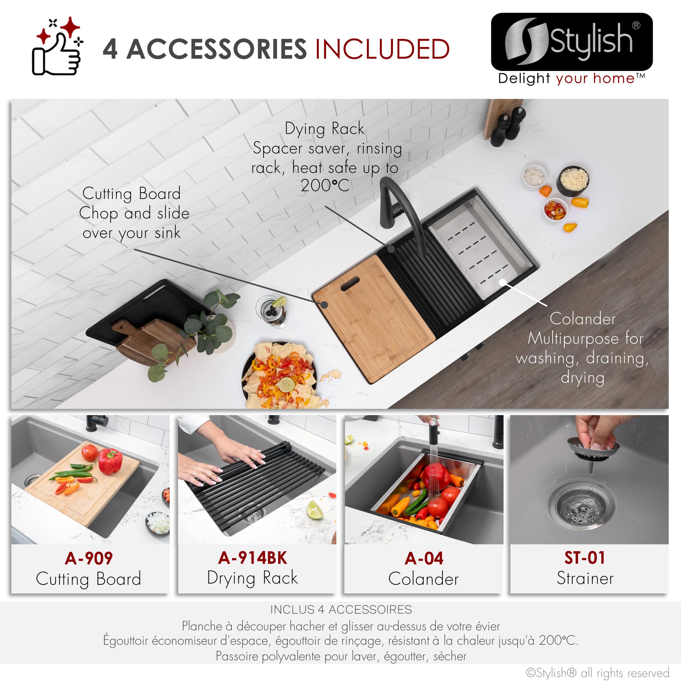 32 x 18 Inch Drop In or Undermount Kitchen Sink - Single Bowl Granite Composite Reversible Workstation with Strainer, Colander, Drying Rack & Cutting Board - Perfect for Modern Kitchens & Food Prep (Grey, S-832WL)