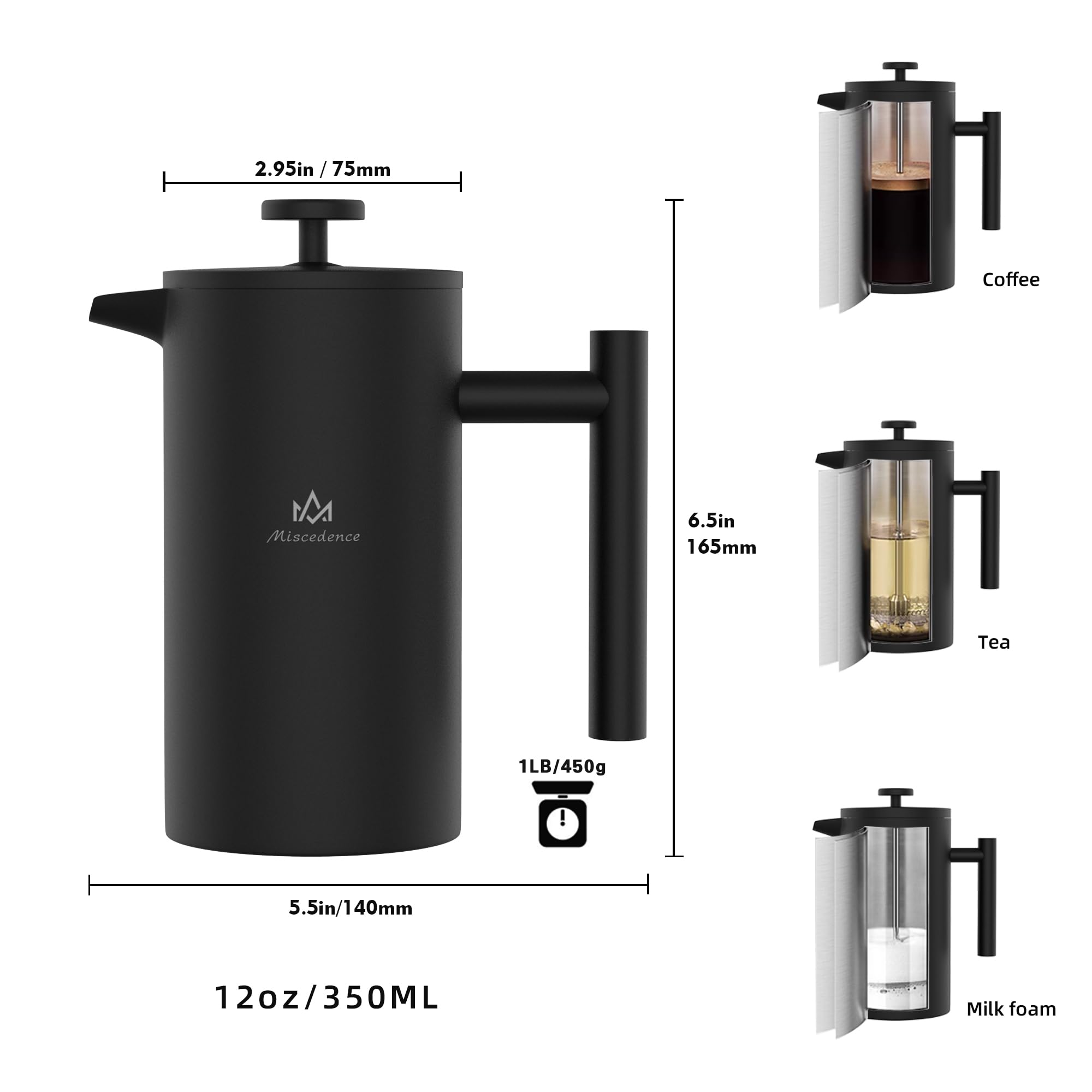Premium French Press Coffee Maker - 34oz Double Wall Vacuum Insulated 304 Stainless Steel Coffee Press - Ideal for Home, Office & Camping - Perfect for Fresh Brewed Coffee Anytime, Anywhere