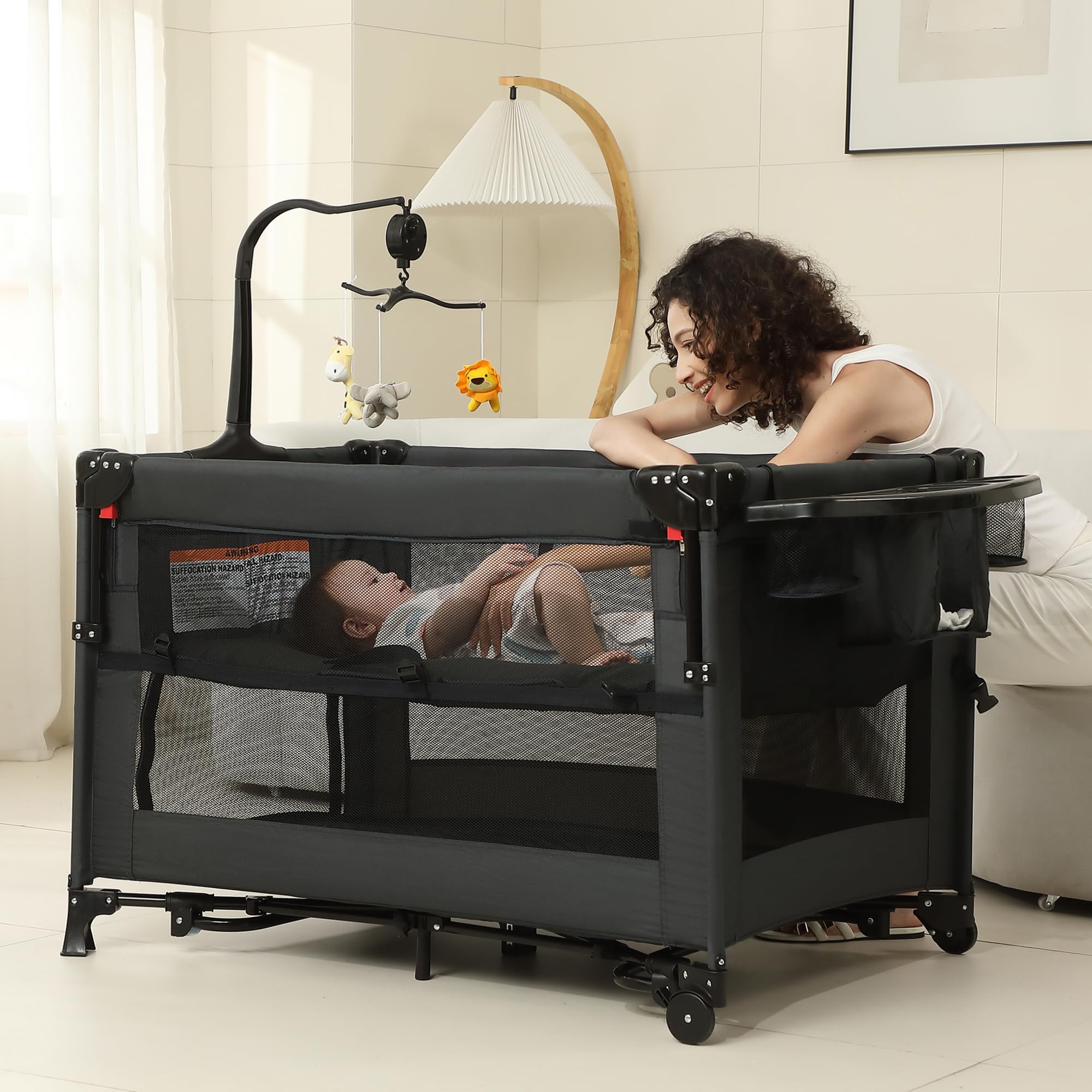 5-in-1 Baby Playard with Bassinet & Changing Table - Portable Foldable Travel Crib for Newborn to Toddler (Black) | Perfect for Bedside Sleeping, Nursery & Family Travel