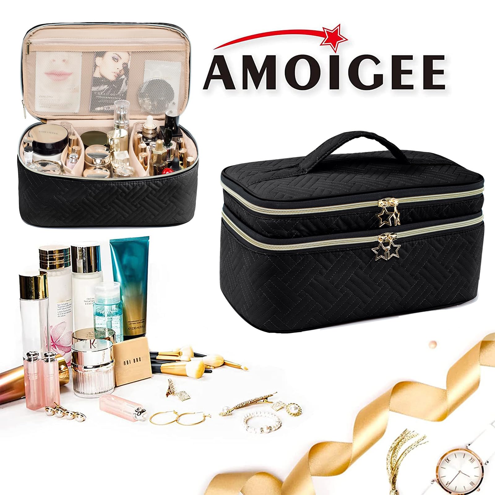 AMOIGEE Large Waterproof Makeup Bag - Double Layer Travel Cosmetic Organizer with Spacious Compartments for Brushes, Bottles & Palettes | Perfect for Travel, Home & Professional Use