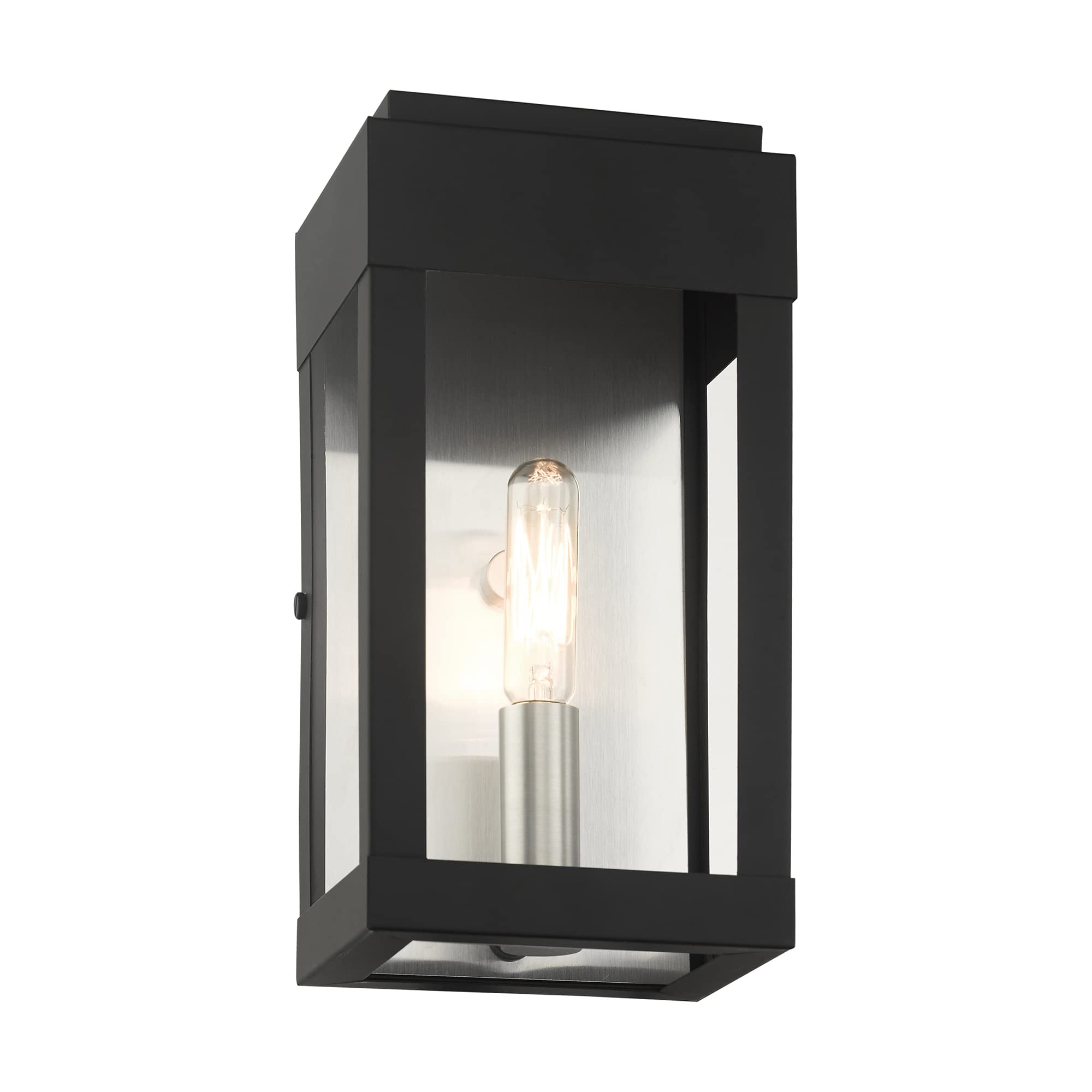 Livex Lighting 21231-04 York 1 Light Outdoor Wall Lantern - Black with Brushed Nickel Finish, ADA Compliant, Stainless Steel Reflector - Perfect for Porch, Patio, and Garden Lighting