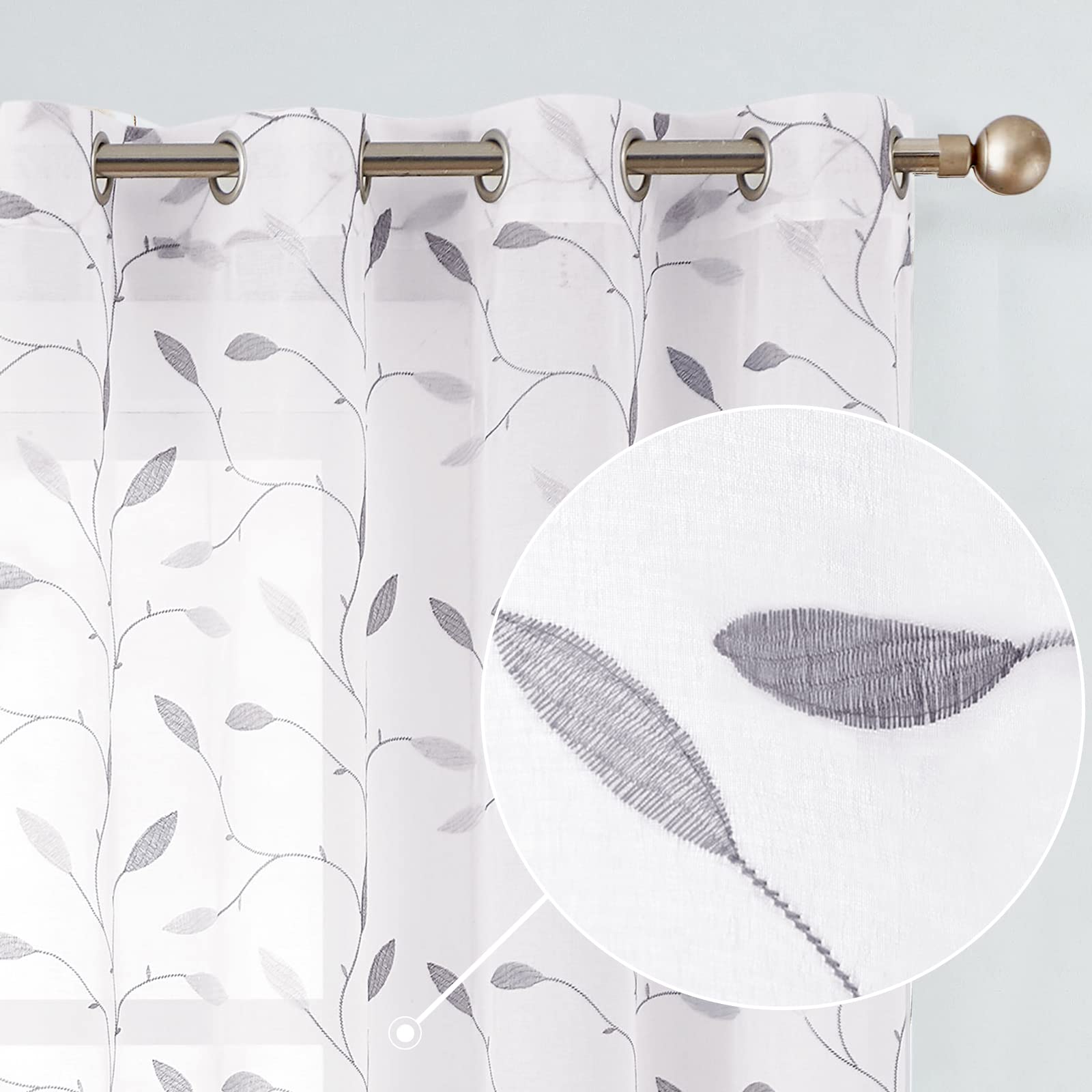 Sheer Curtains with Leaf Embroidery - 84 Inch Length, 2 Panels Set, Grommet Top, Grey on White - Farmhouse & Rustic Style Window Treatments for Living Room & Bedroom - Perfect for Natural Light Filtering & Home Decor