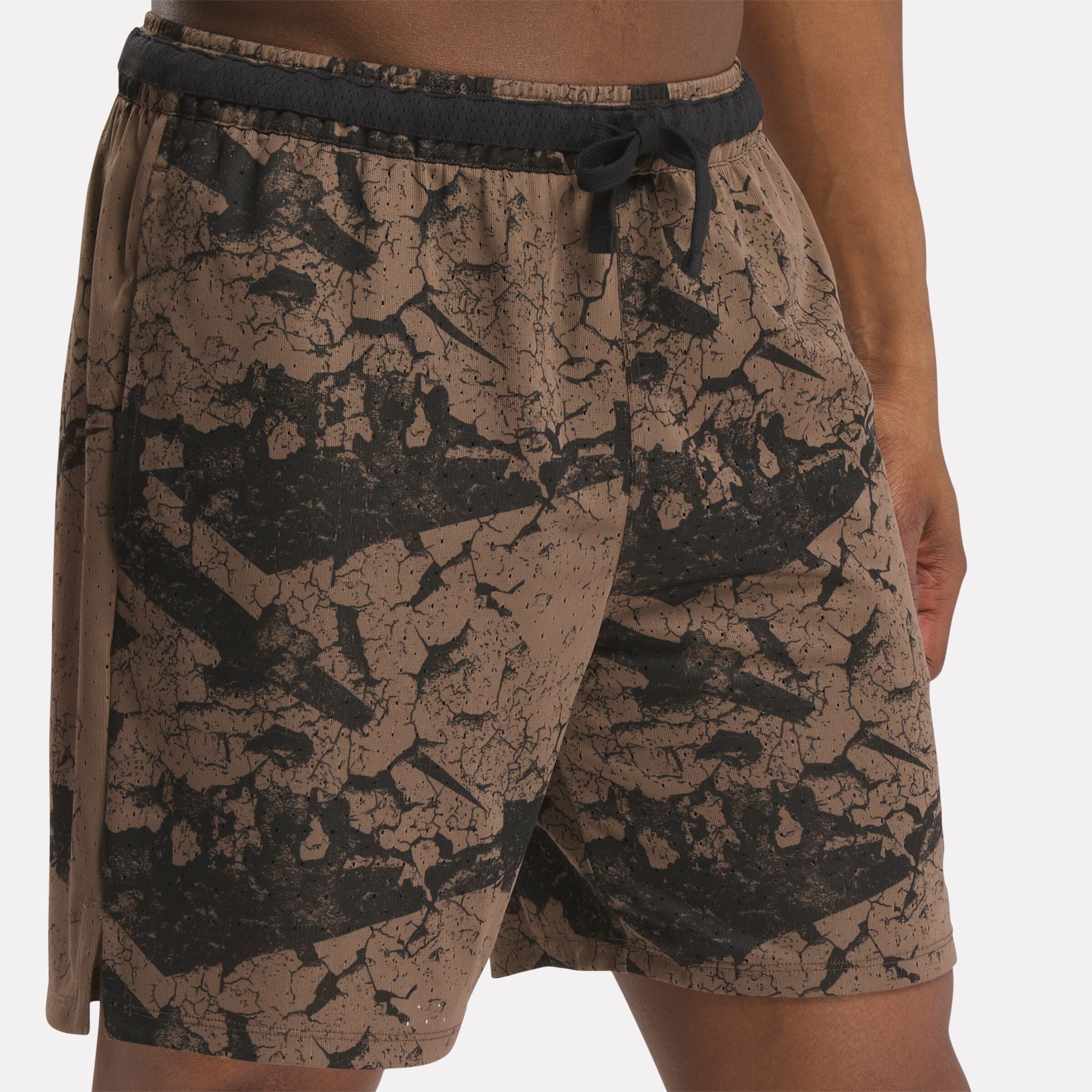Reebok Men's Basketball Shorts - Allover Print Transition Design, Utility Brown - Perfect for Gym, Training & Casual Wear