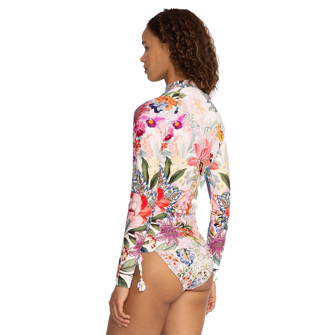 Johnny Was Neon Jungle Long Sleeve Rash Guard Surf Shirt - White & Purple Floral Print UPF 50+ Sun Protection - Women's Swimwear Cover Up for Beach, Pool & Water Sports