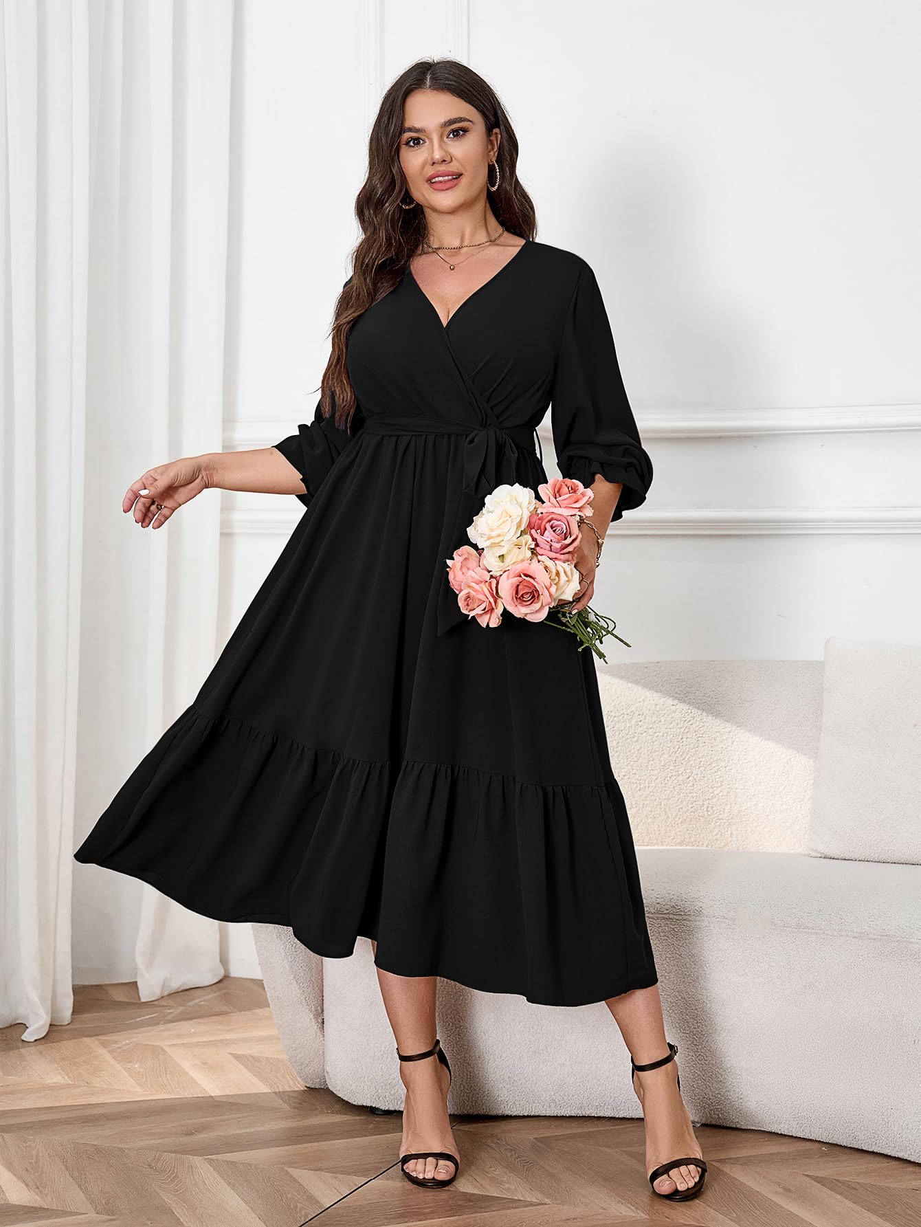 Elegant Plus Size Wedding Guest Dress for Women - Long Sleeve Wrap V-Neck Belted A-Line Maxi Dress with Ruffle Hem | Perfect for Cocktail Parties, Formal Events & Special Occasions