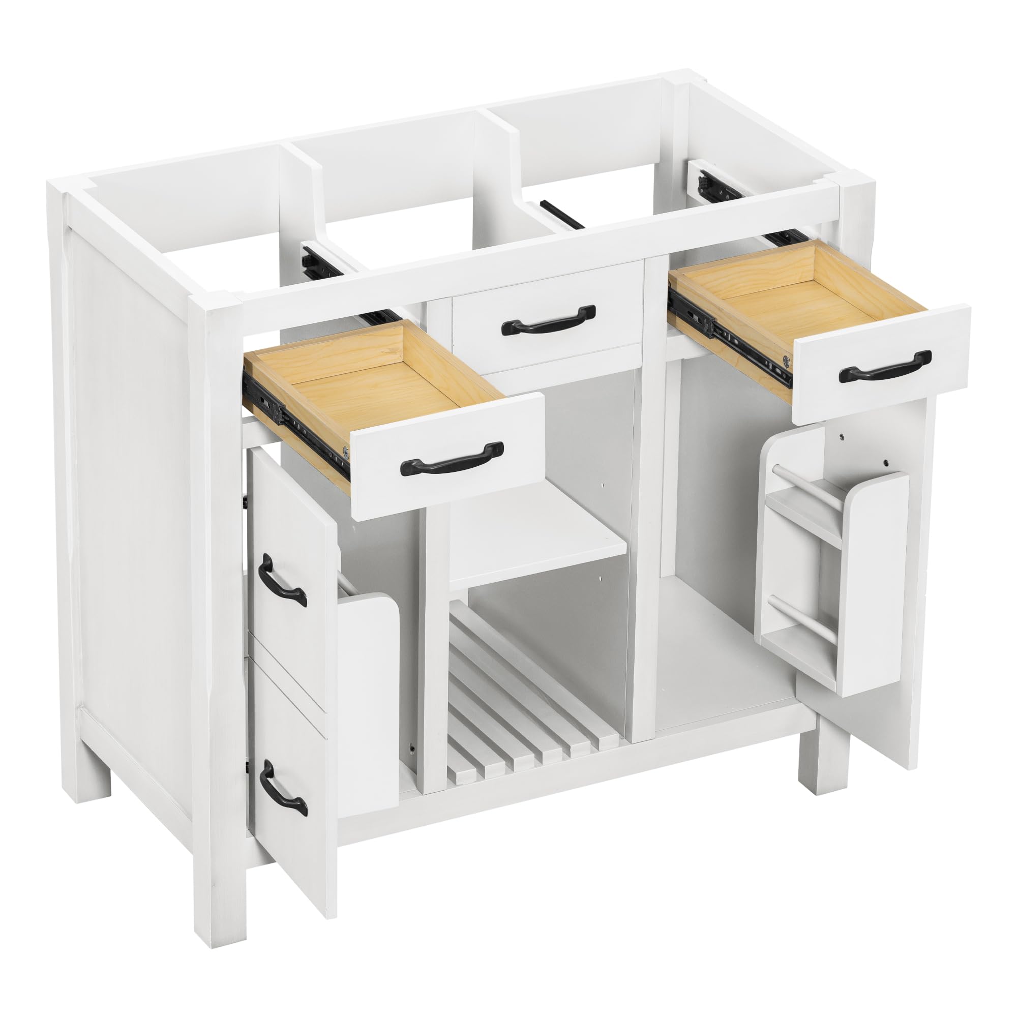 36 Inch White Modern Bathroom Vanity Without Sink - Solid Wood Storage Cabinet with 2 Drawers, 1 Open Shelf & 2 Small Cabinets - Perfect for Bathroom Organization and Small Space Storage Solutions