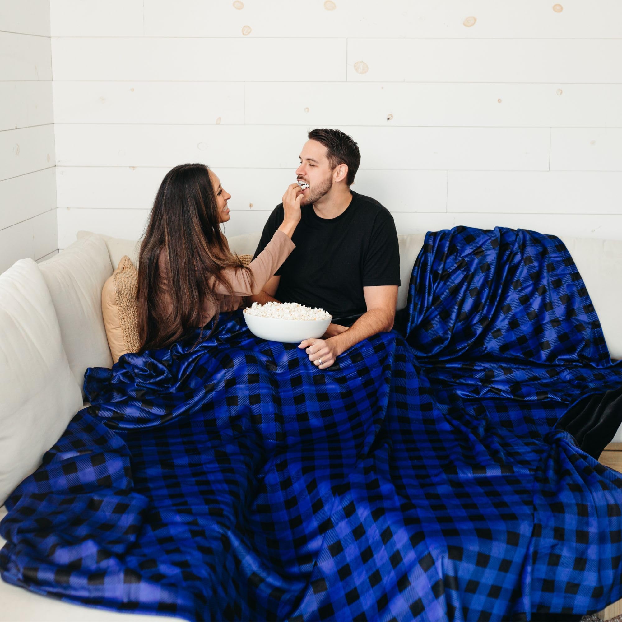 Big Blanket Co® Original Stretch™ Blue Plaid Oversized Blanket - 100 Sq Ft Soft Family Blanket for Couches, Beds & Outdoor Use | Best Giant Blanket 2023