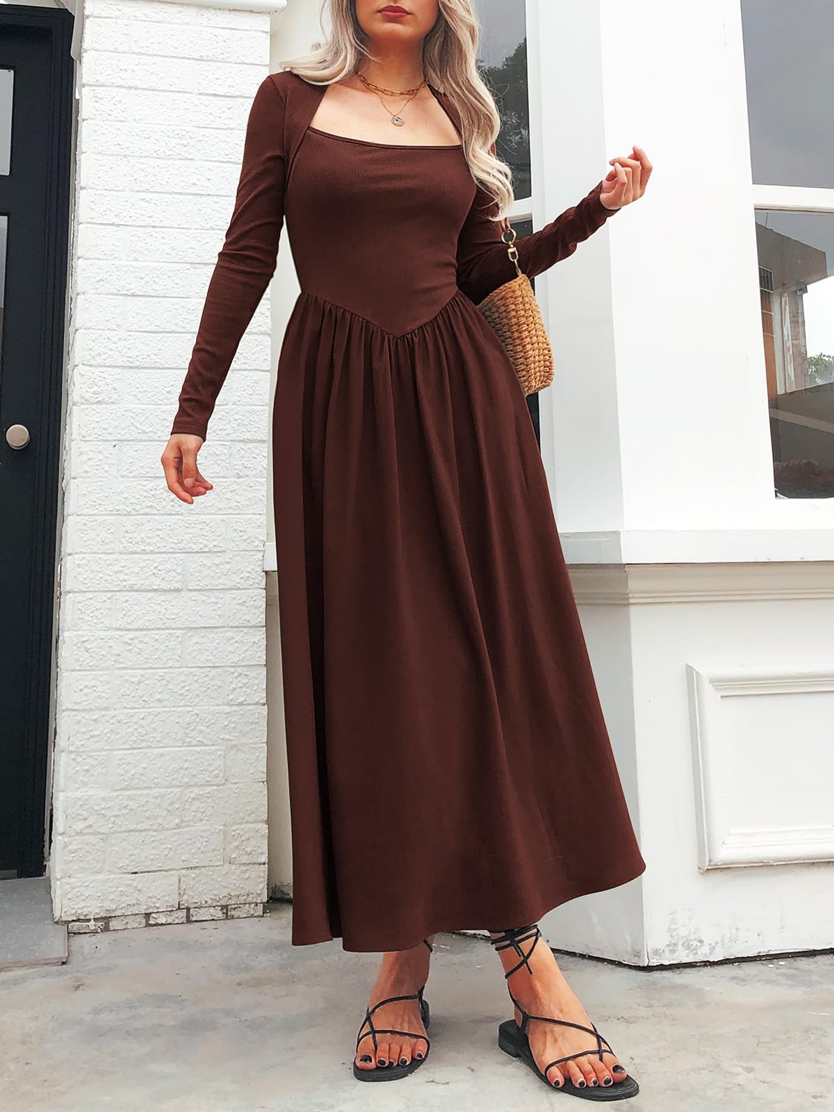 Women's Long Sleeve Maxi Dress 2024 | Fall Crewneck Knit Casual Solid Wedding Guest Dress | Flowy Elegant Long Dress with Pockets | Perfect for Weddings, Parties & Autumn Outfits