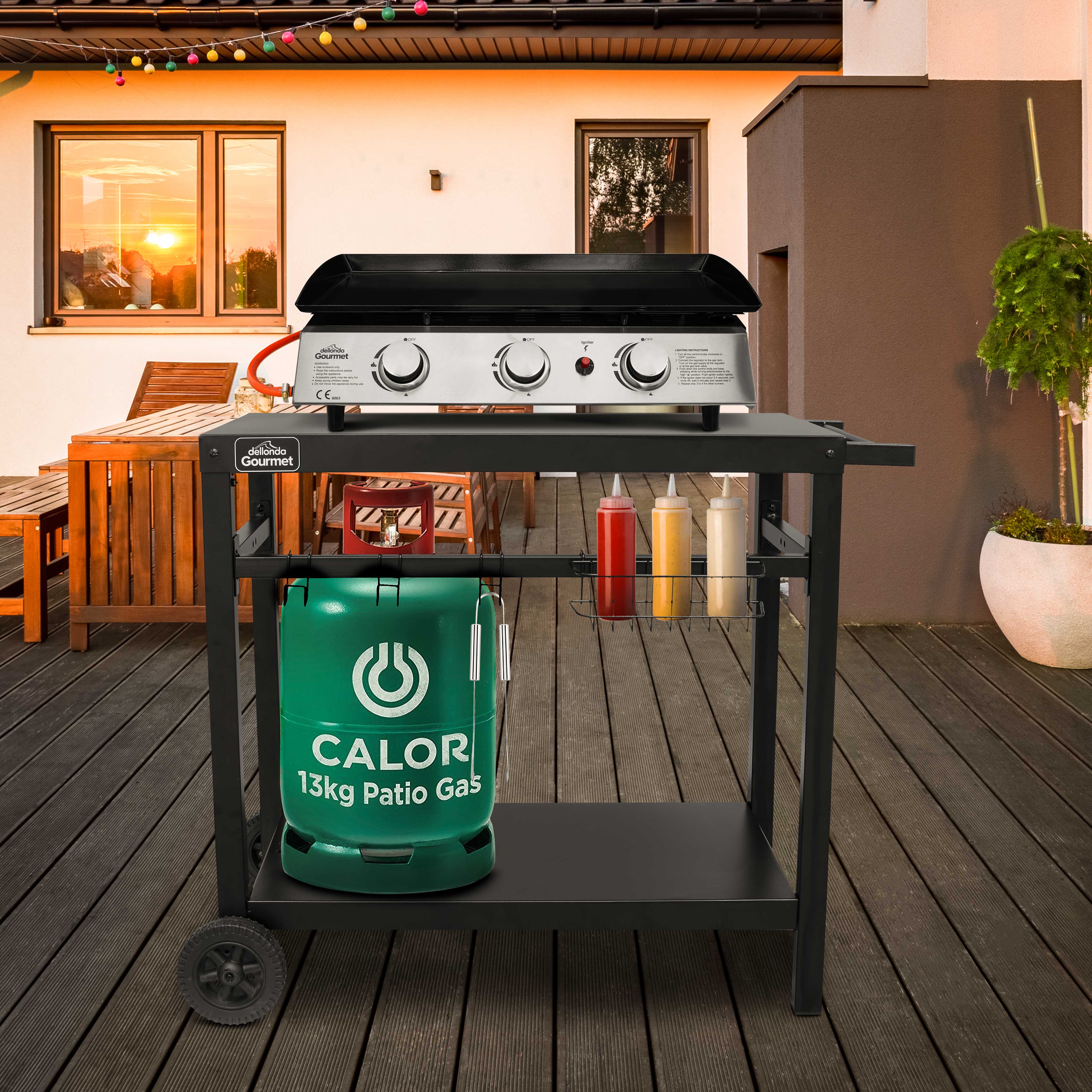 Premium Stainless Steel BBQ Grill Cart with Utensil Hooks & Side Shelves - Portable Outdoor Cooking Station for Backyard, Camping & Tailgating Parties