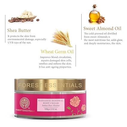 Forest Essentials Radiance Renewal Body Cream with Indian Rose Absolute & Shea Butter | Ayurvedic Moisturizer for Dry Skin | Rose Essential Oil for Glowing Skin | Perfect for Daily Hydration & Spa-Like Self Care