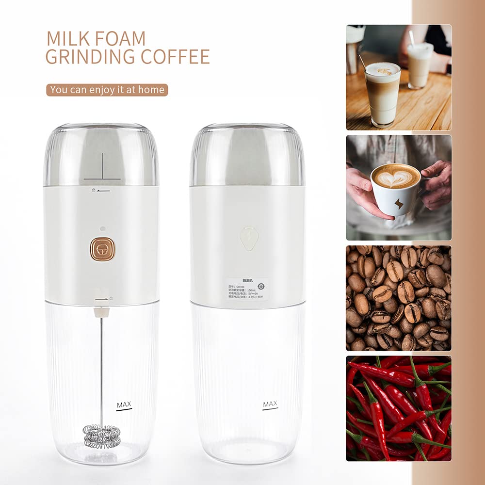 Premium Electric Coffee Grinder & Milk Frother 2-in-1 - Portable USB Rechargeable Multifunction Coffee Maker with Brush for Espresso, Latte, Hot Chocolate - Perfect for Home, Office & Travel (Black)
