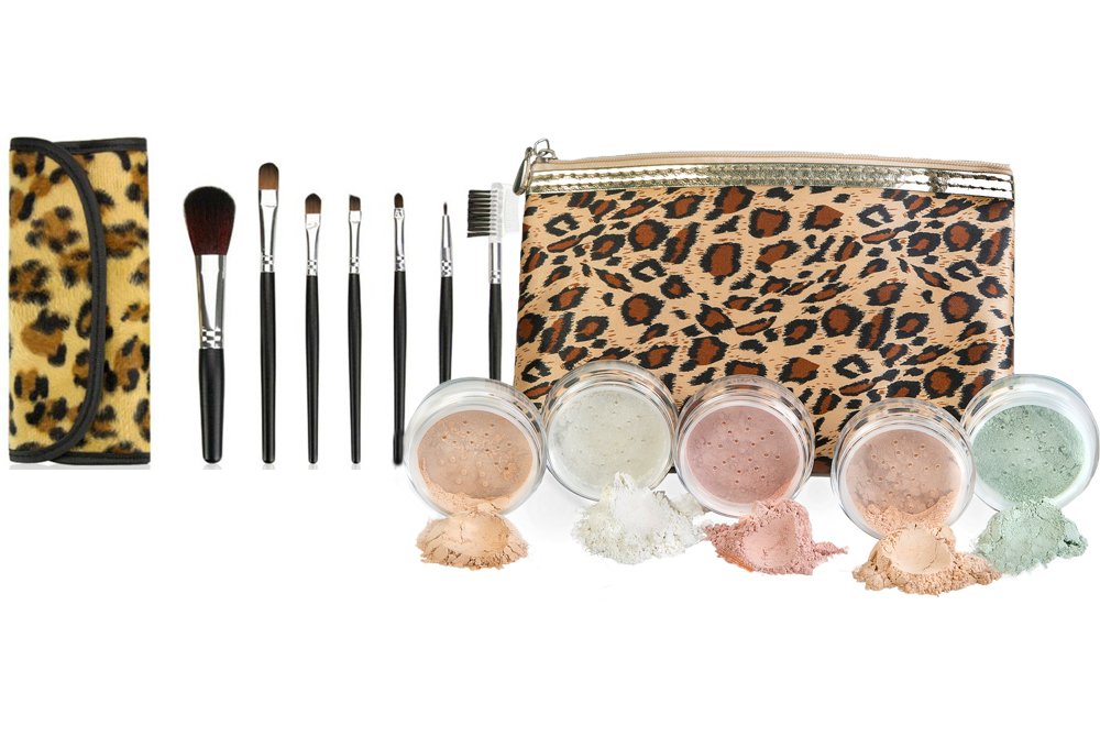 LEOPARD KIT with Brush & Bag (Ebony) - Mineral Makeup Set, Bare Face Sheer Powder, Matte Foundation Cover | Perfect for Everyday Wear, Special Occasions & Professional Makeup Artists