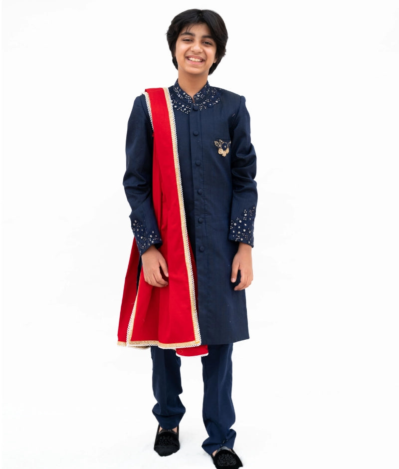 Blue Silk Sherwani with Matching Pant & Red Stole - Premium Indian Wedding Attire for Groom & Groomsmen - Perfect for Weddings, Festivals & Special Occasions