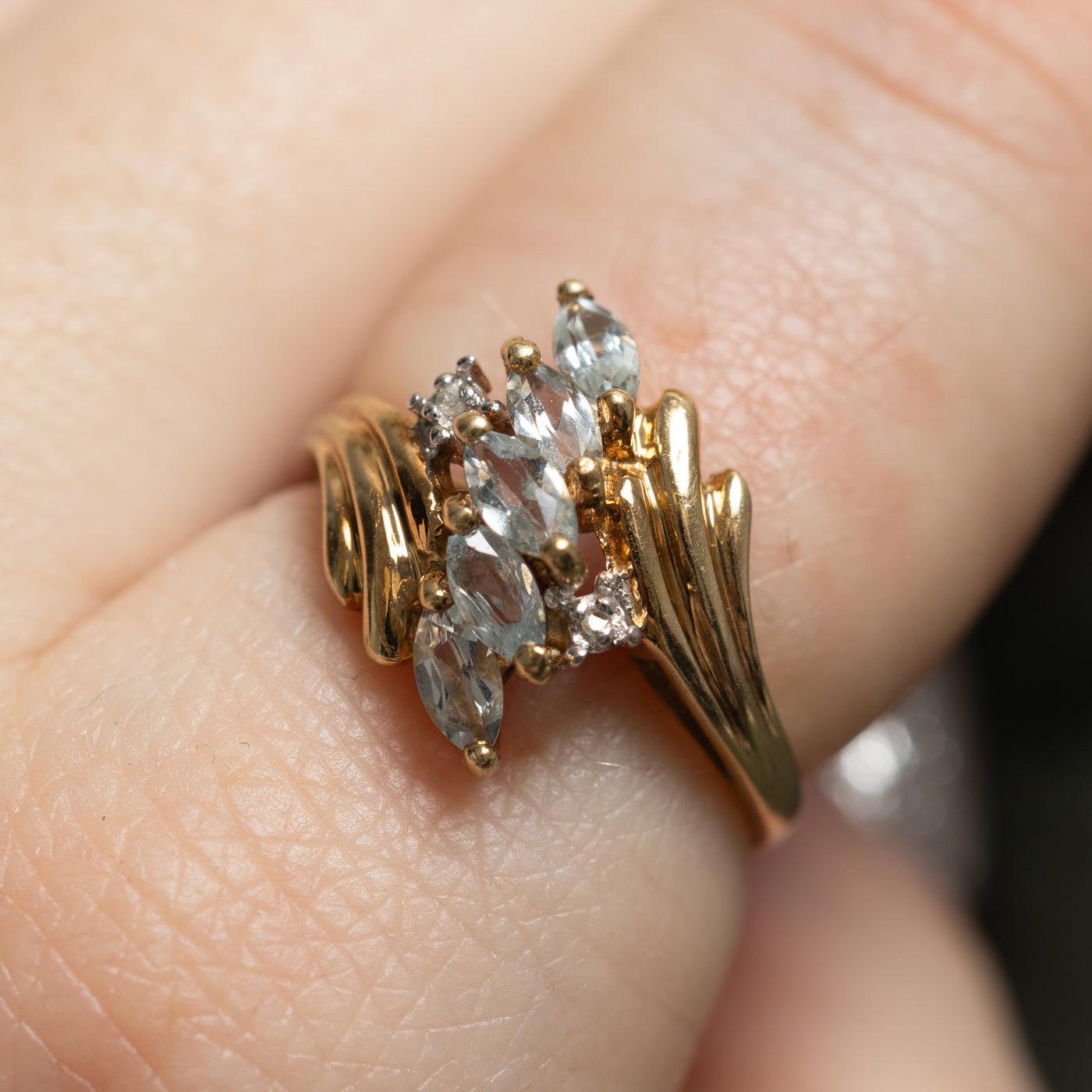 Aquamarine & Diamond Cluster Bypass Ring - 0.50ctw Gemstone & 0.04ctw Diamonds - Size 6.25 - Elegant Wedding, Engagement & Anniversary Jewelry Gift for Women