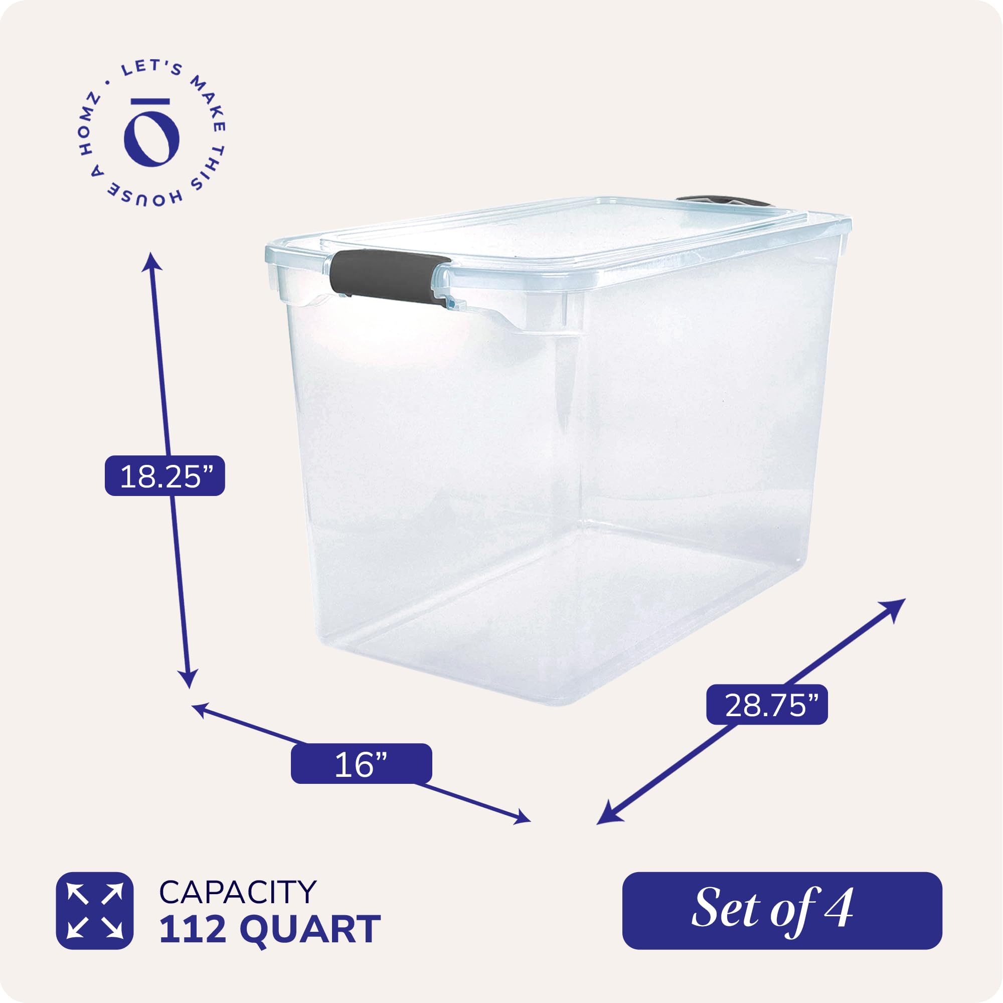 HOMZ 4-Pack Clear Plastic Storage Bins with Secure Latches - 112 Quart Organizer Containers with Gray Latches - Perfect for Pantry, Closet, Garage & Toy Organization