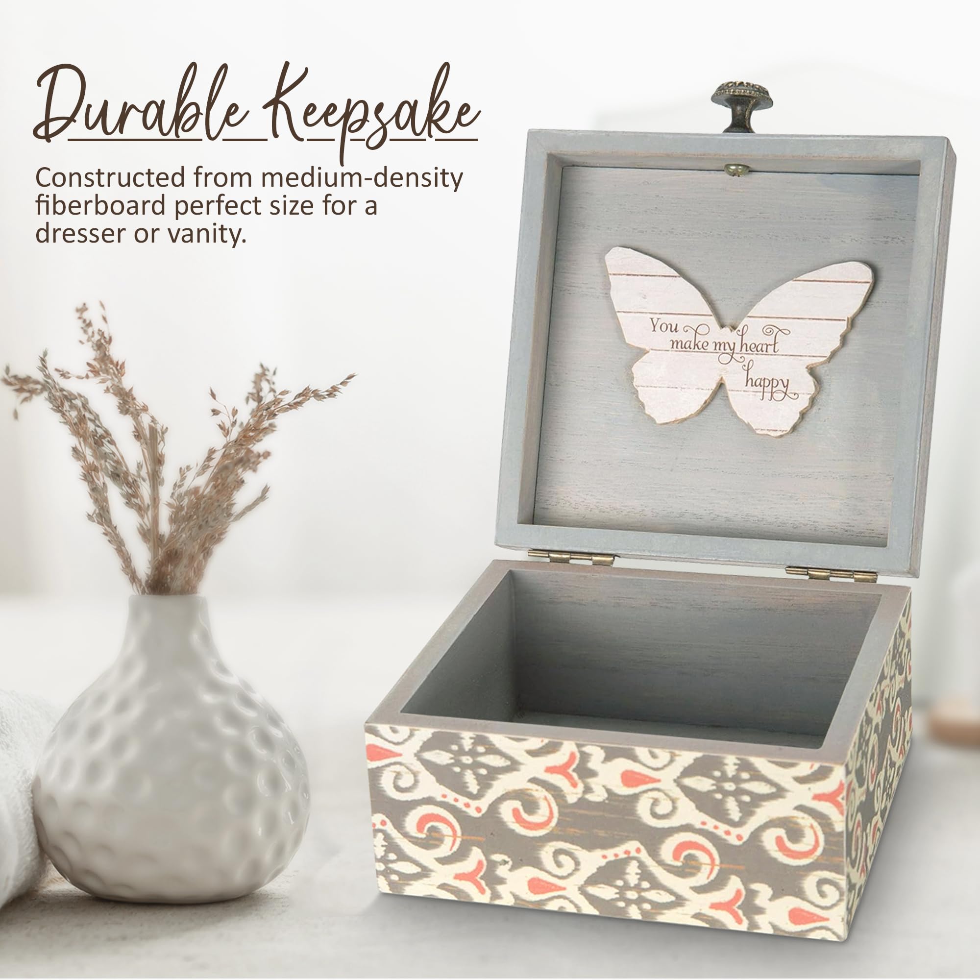 Pavilion 'Simple Spirits Butterfly' 41102 - Wooden Hinged Keepsake Box with Elegant Pattern & Printed Message - Perfect Gift for Friends & Loved Ones - Jewelry Organizer, Cosmetic Storage & Trinket Holder for Bedroom, Bathroom & Dresser Decor