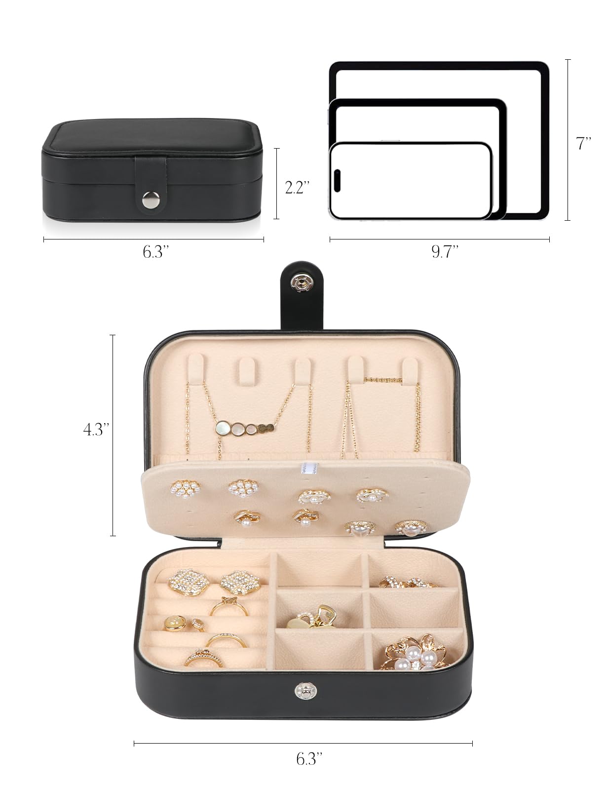 Upgraded Travel Jewelry Organizer Box for Women - PU Leather Portable Jewelry Case with Necklace, Ring, Earring & Bracelet Storage - Perfect for Vacation, Business Trips & Daily Use (Black)