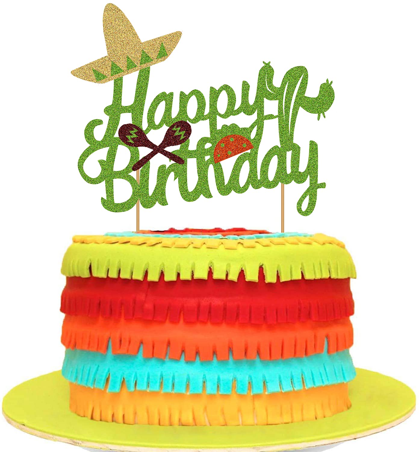 Mexican Cactus Birthday Cake Topper with Taco & Maracas - Happy Birthday Party Decorations for Mexican Theme Celebrations, Fiesta & Cinco de Mayo Parties