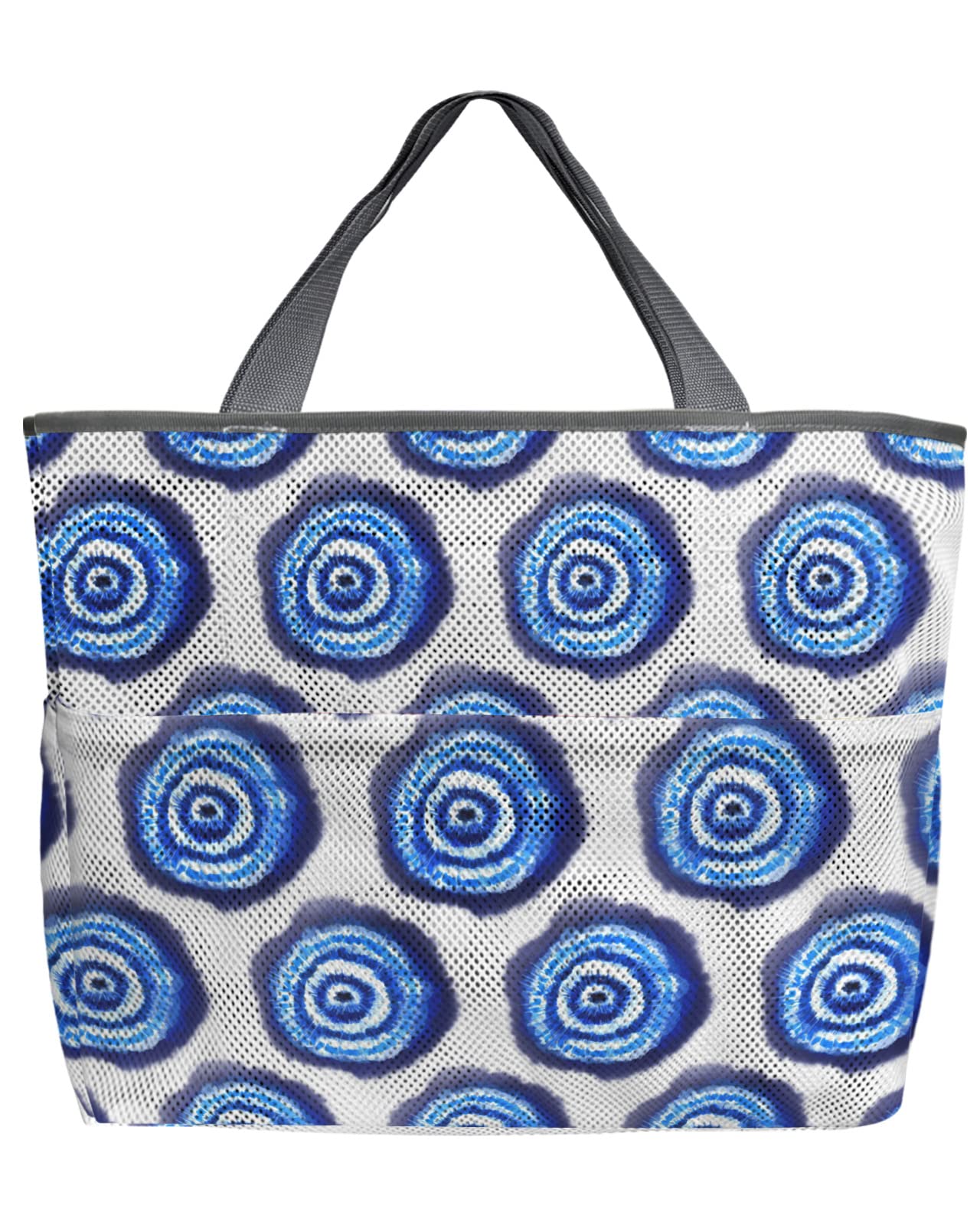 Watercolor Spiral Indigo Tie Dye Mesh Beach Bag for Women - Large 8-Pocket Travel Tote for Pool, Beach & Vacation | Stylish & Functional Carryall for Swimwear, Towels & Essentials