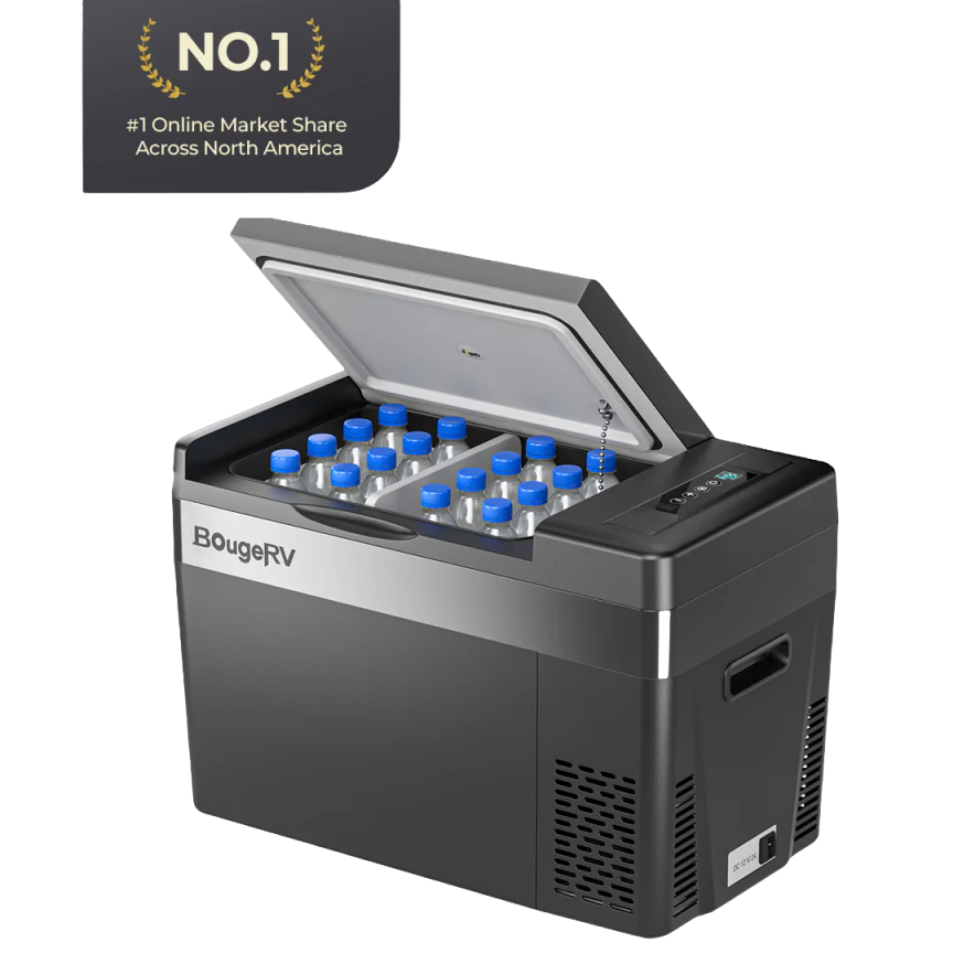 BougeRV 12V 30 Quart (28L) Portable Car Refrigerator - Compact Freezer for Road Trips, Camping & Outdoor Adventures - Black