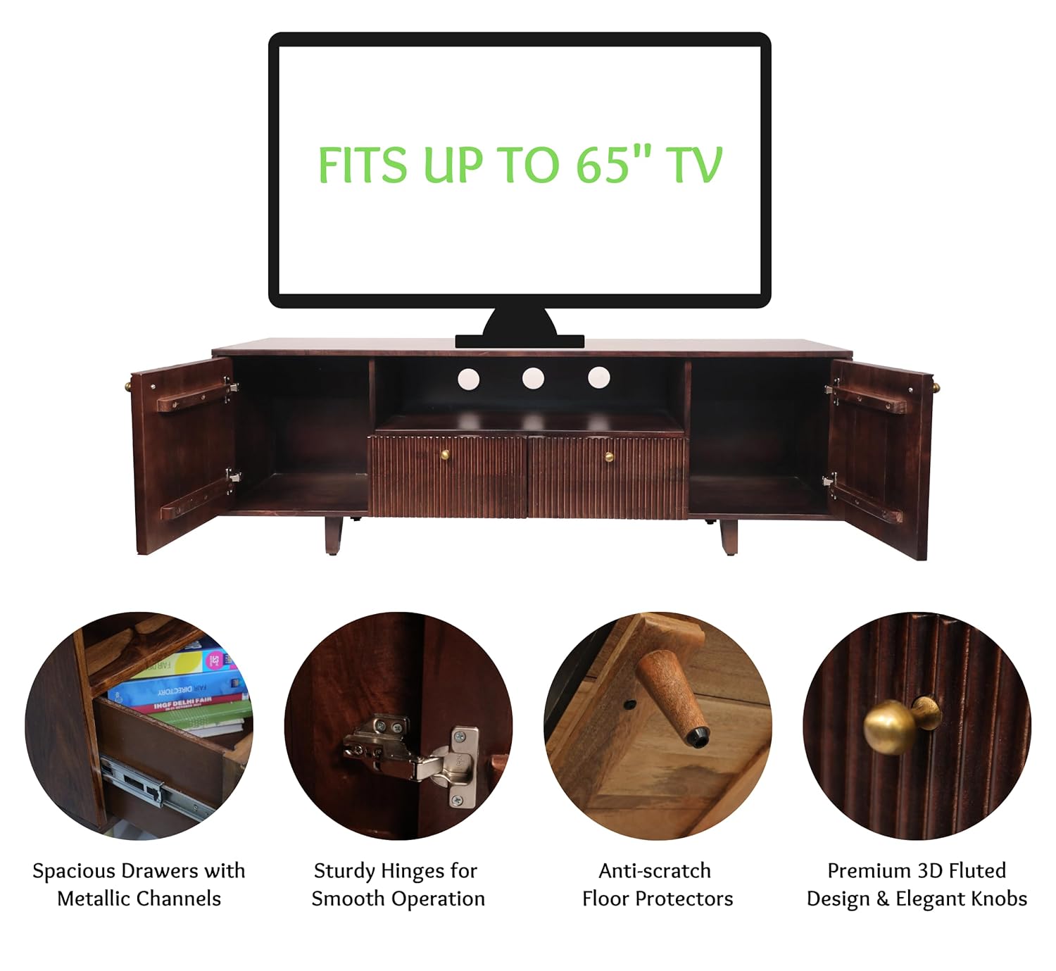 Corsica Sloan Mango Wood TV Stand with Storage - Dark Walnut Finish - Modern Entertainment Center for Living Room, Bedroom & Home Theater