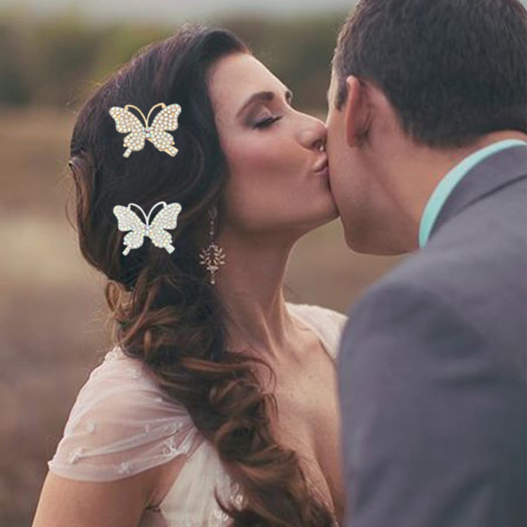 BARTOSI Gold Rhinestone Butterfly Hair Clips - Sparkly Crystal Hair Barrettes for Women & Girls (2 Pack) | Elegant Hair Accessories for Weddings, Parties & Daily Wear