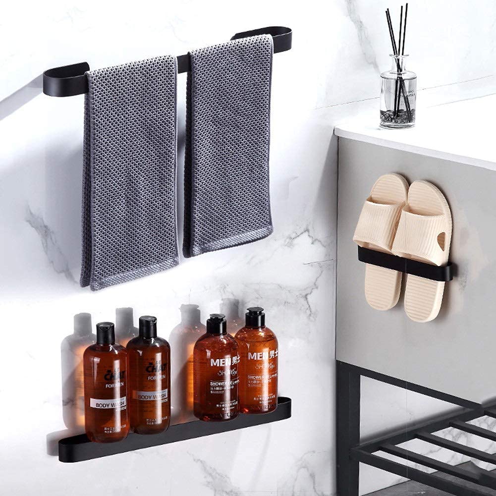 12/16/24 Inch Aluminum Bath Towel Bar - Modern Black Wall Mounted Towel Rack with Brushed Finish for Bathroom & Kitchen (Self-Adhesive or Screw Mount) - Perfect for Hanging Hand Towels, Washcloths & Kitchen Linens