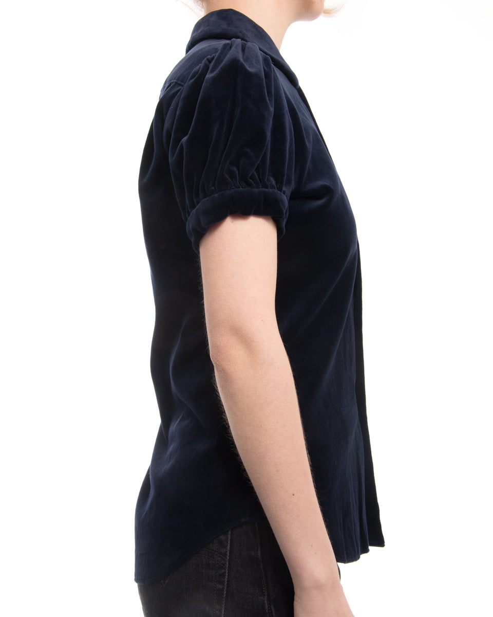 Comme Des Garcons SHIRT Blue Velvet Top with Cap Sleeves - Women's Fashion Blouse for Casual Wear & Night Out