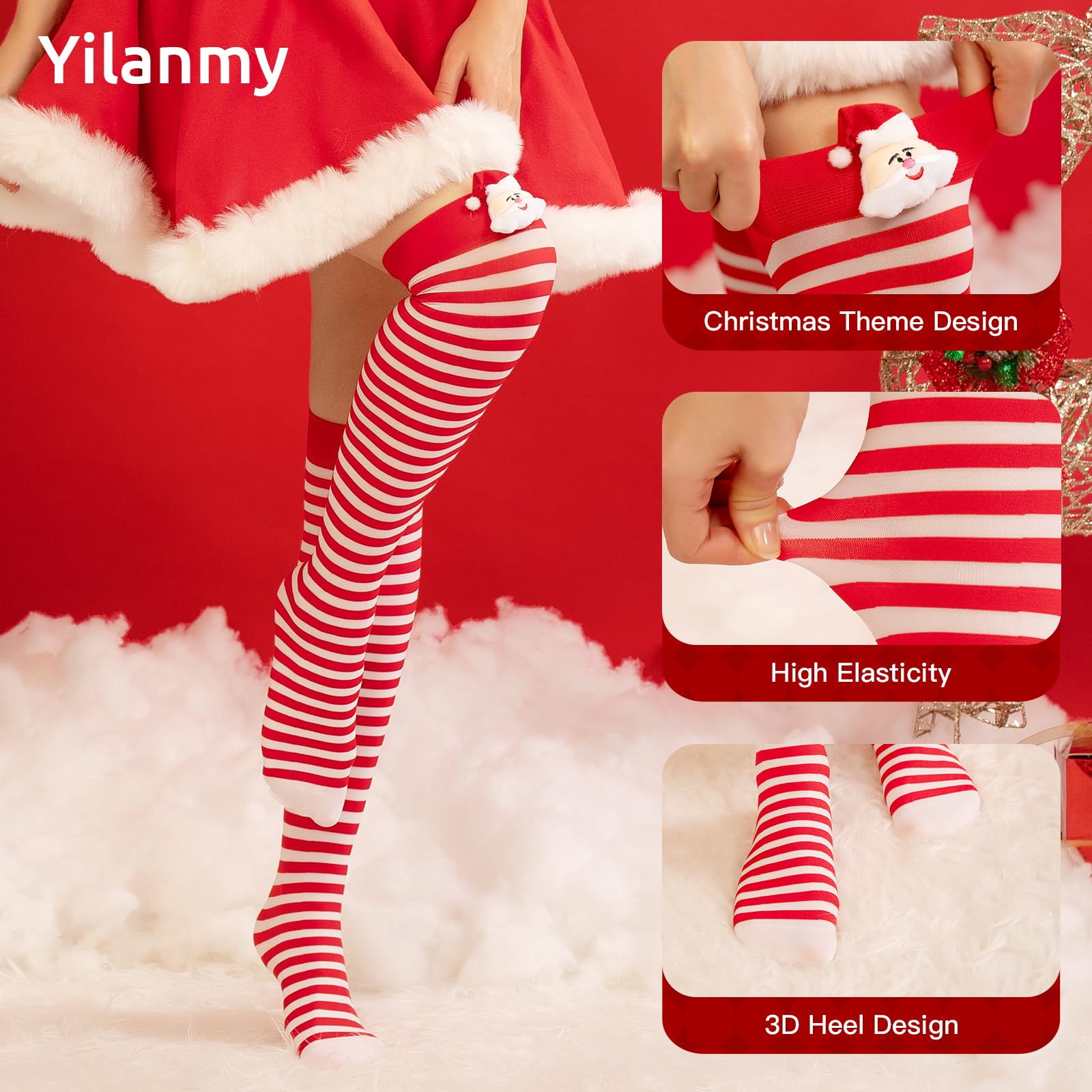Festive Striped Christmas Thigh High Socks with Bow - Candy Cane Knee High Stockings for Holiday Parties, Gift Exchange & Winter Fashion