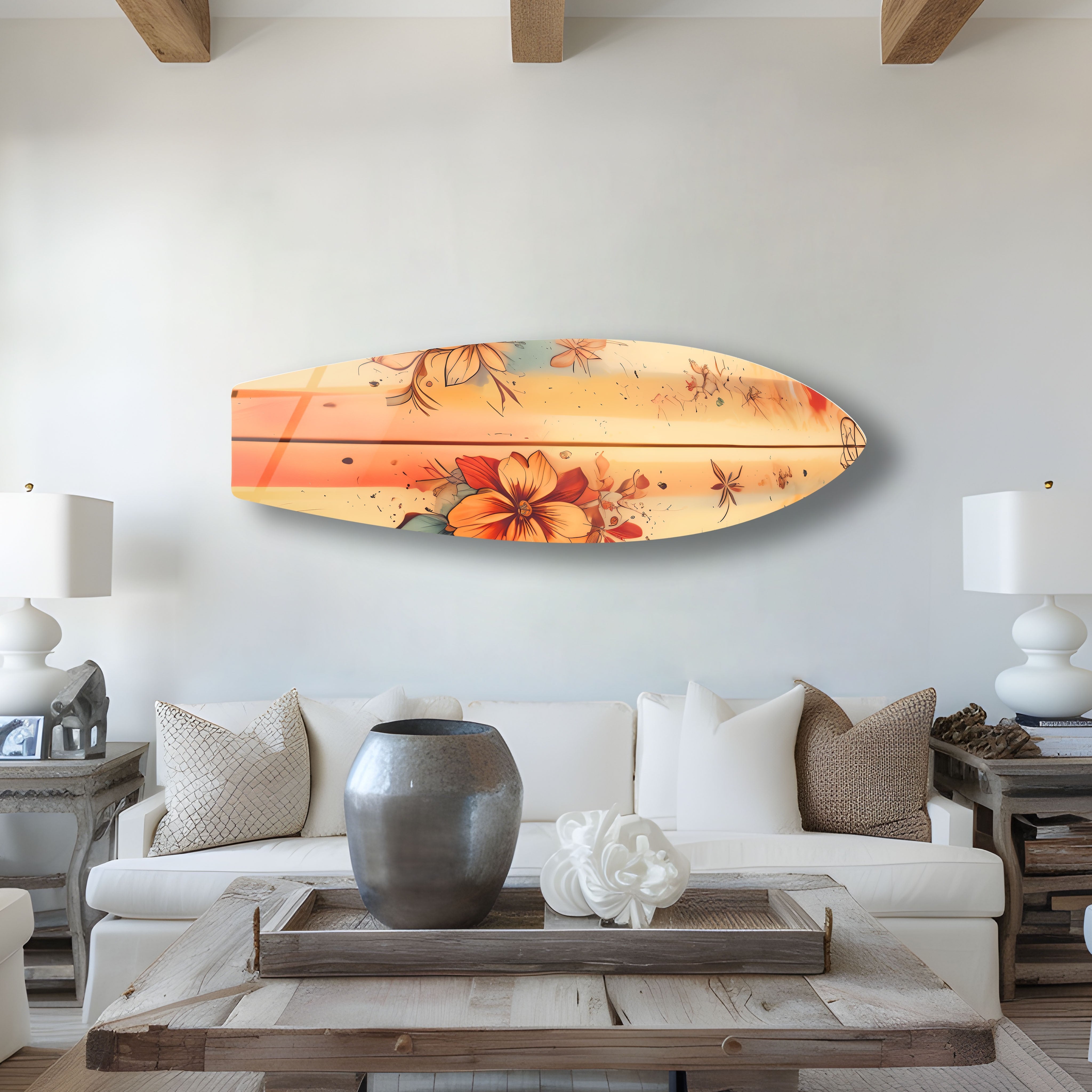 Beige Floral Surfboard Wall Art - Coastal Decor for Beach House, Living Room & Bedroom