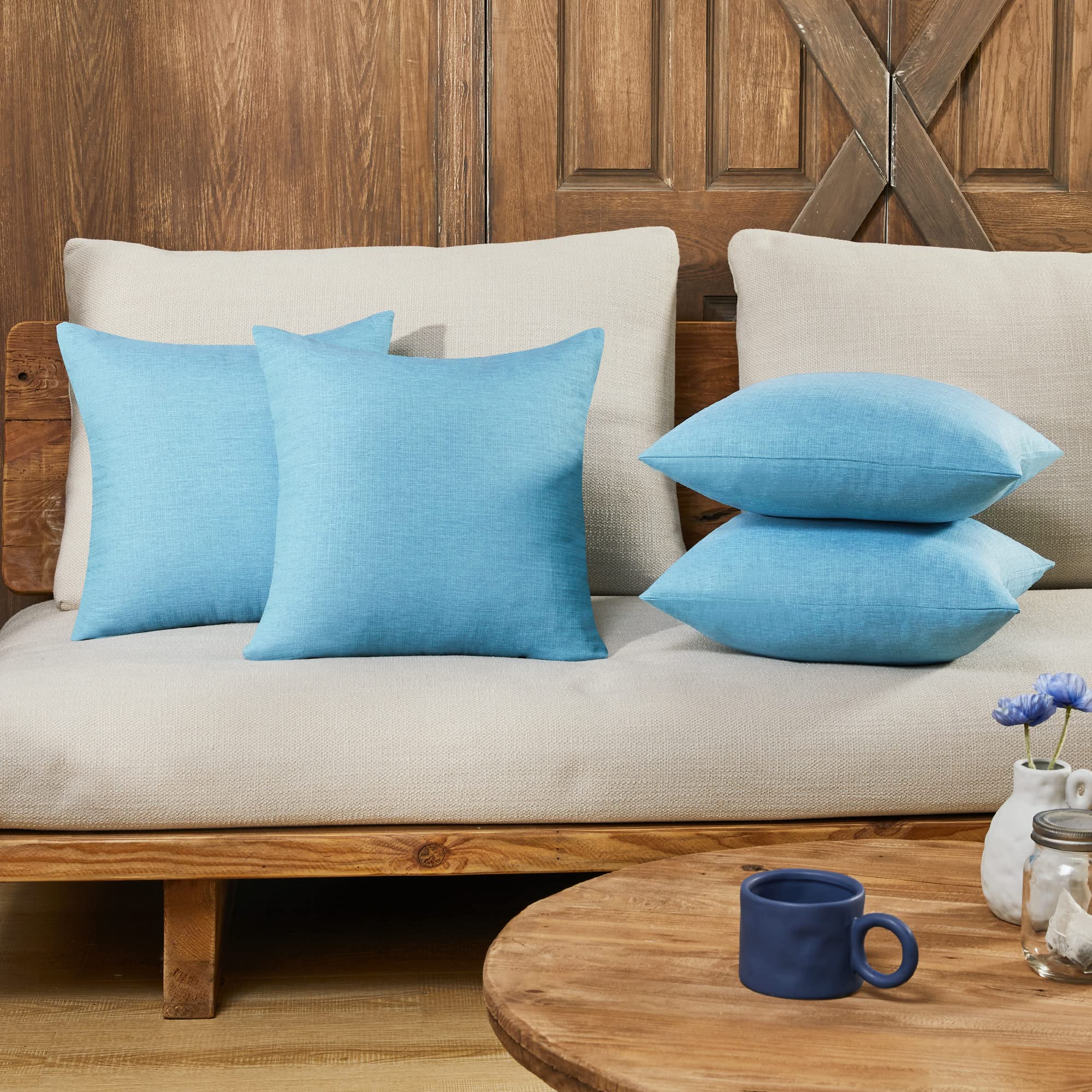 Deconovo 24x24 Inch Faux Linen Pillow Covers - Soft Decorative Cushion Shams for Sofa, Bed, Patio (Lake Blue, Set of 4) - Breathable & Wrinkle-Resistant Pillowcases for Indoor & Outdoor Use