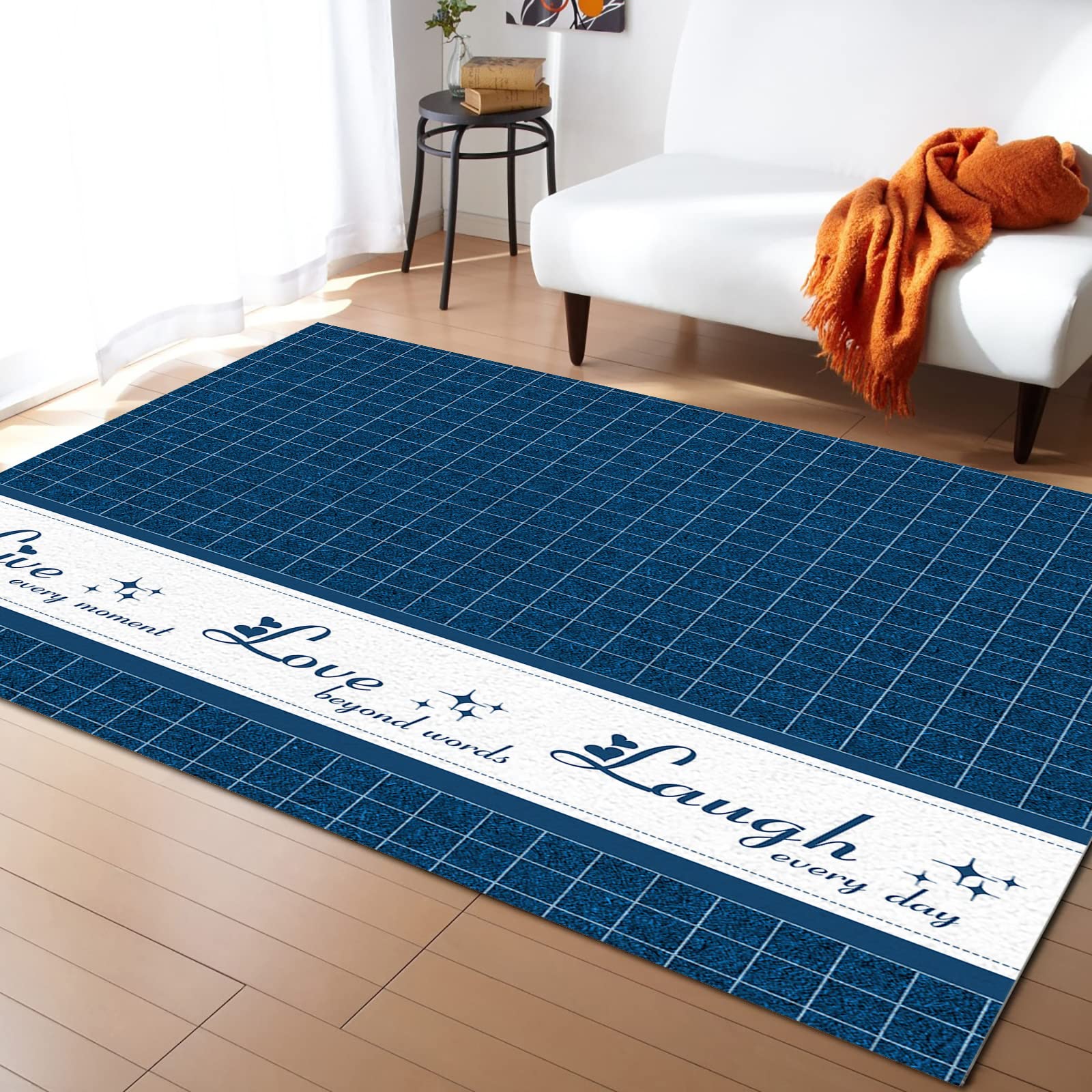 5'x7' Live-Love-Laugh Buffalo Plaid Area Rug - Washable Indoor/Outdoor Runner for Kitchen, Living Room, Bedroom, Bathroom & Classroom - Retro Blue Floor Mat Perfect for Entryway, Laundry Room or Desk Decor