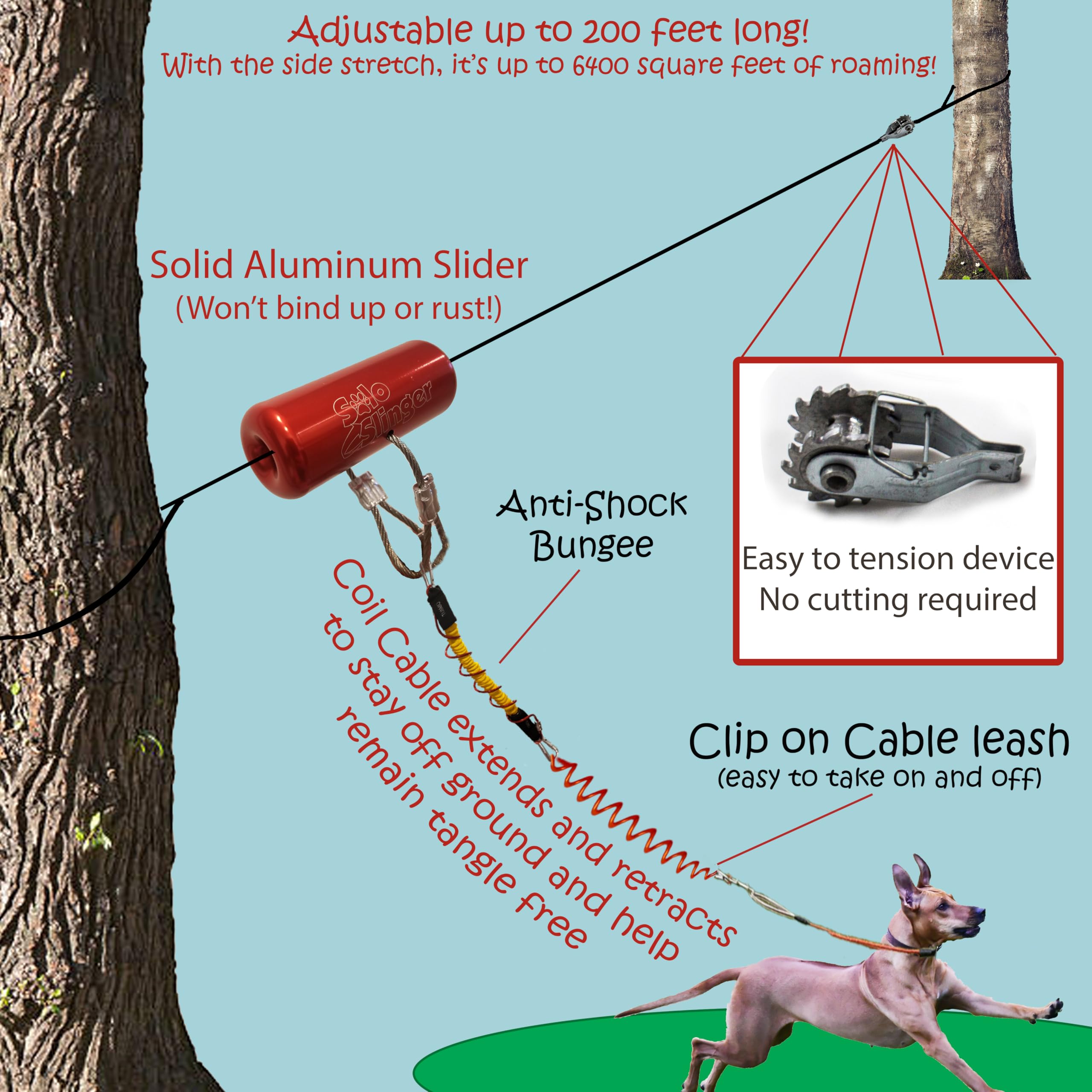 Tumbo Trolley 200ft Heavy Duty Aerial Dog Runner - Anti-Shock Dog Zipline System for Small & Large Dogs - Best Backyard Dog Run for Camping & Outdoor Play - Durable Pet Gear (100ft/150ft/200ft Options) - Perfect for Yards, Parks & Outdoor Adventures